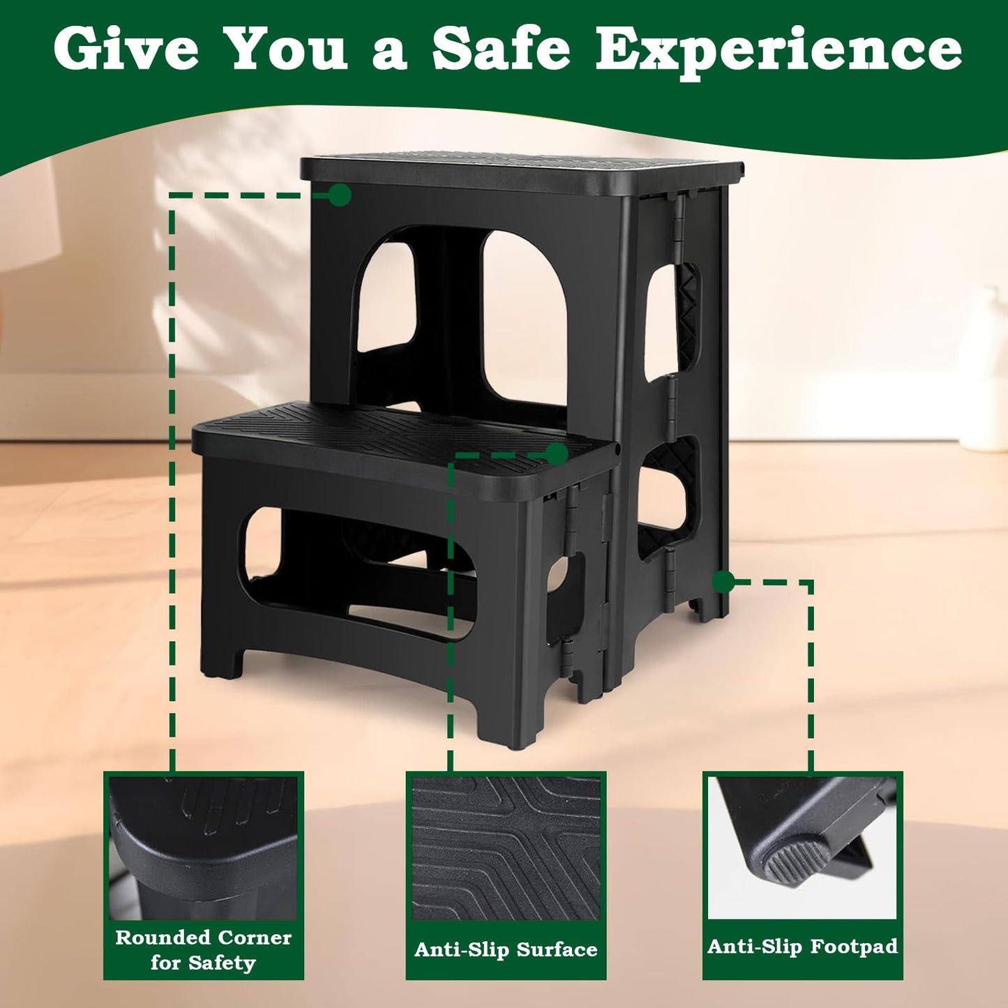 DIOZYRA Folding 2-Step Stool,Non-Slip Collapsible Step Stool for Adults and Kids,Holds 250 lbs,Portable Footstool for Kitchen Home Toilet Bedroom Bathroom Office RV