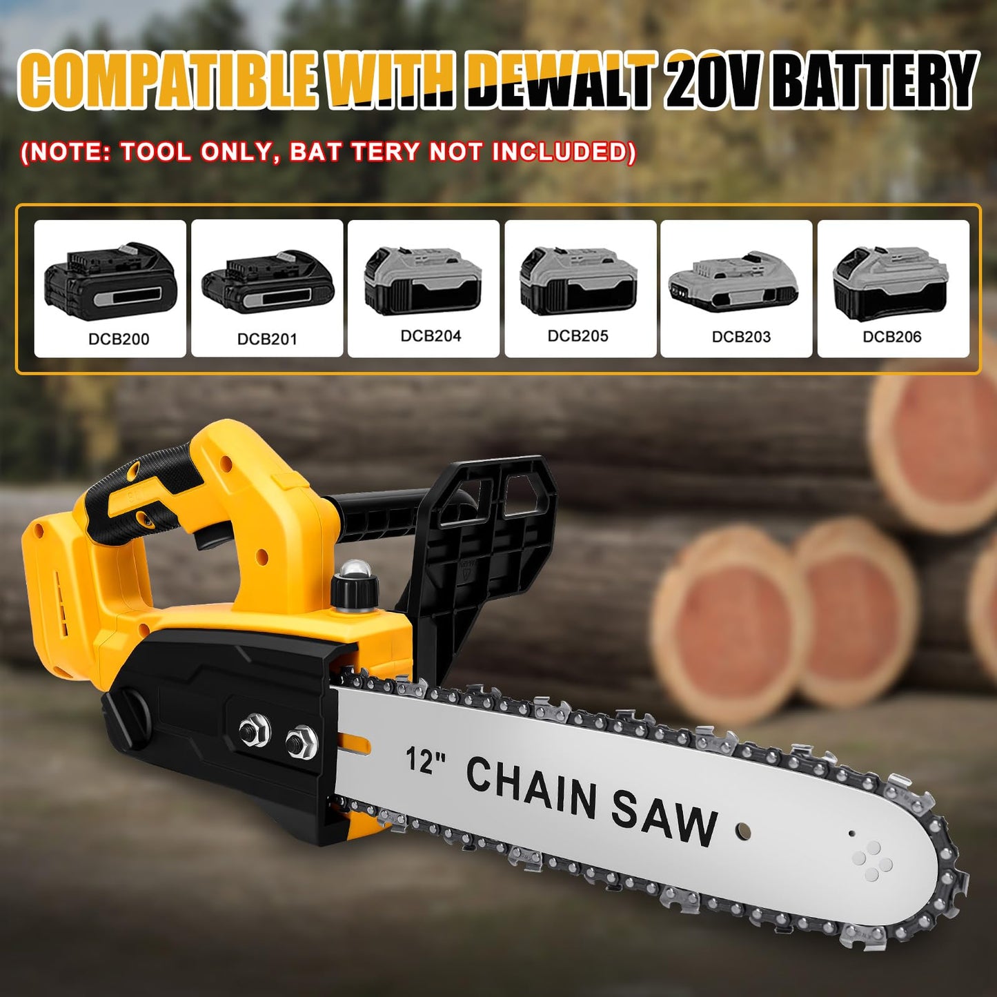Brushless Chainsaw Compatible with Dewalt 20V Battery, 12 Inch Mini Chainsaw Cordless with 3 Chains and Security Lock Handheld Electric Chainsaw for Wood Cutting, Tree Trimming (No Battery)
