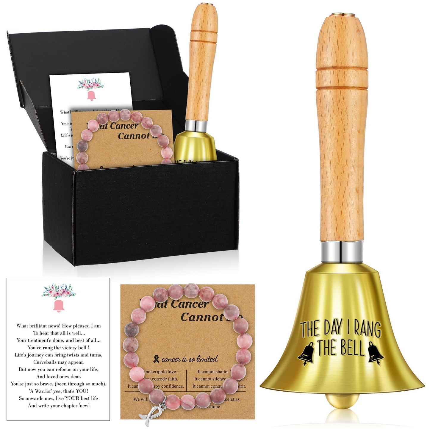 Canchiing 4 Pcs Cancer Bell Ringing Gift Set for Women Include the Day I Rang the Bell Bracelet Card Box End of Chemo Last Day of Chemo Treatment Ornament Cancer Survivor Recovery Gifts