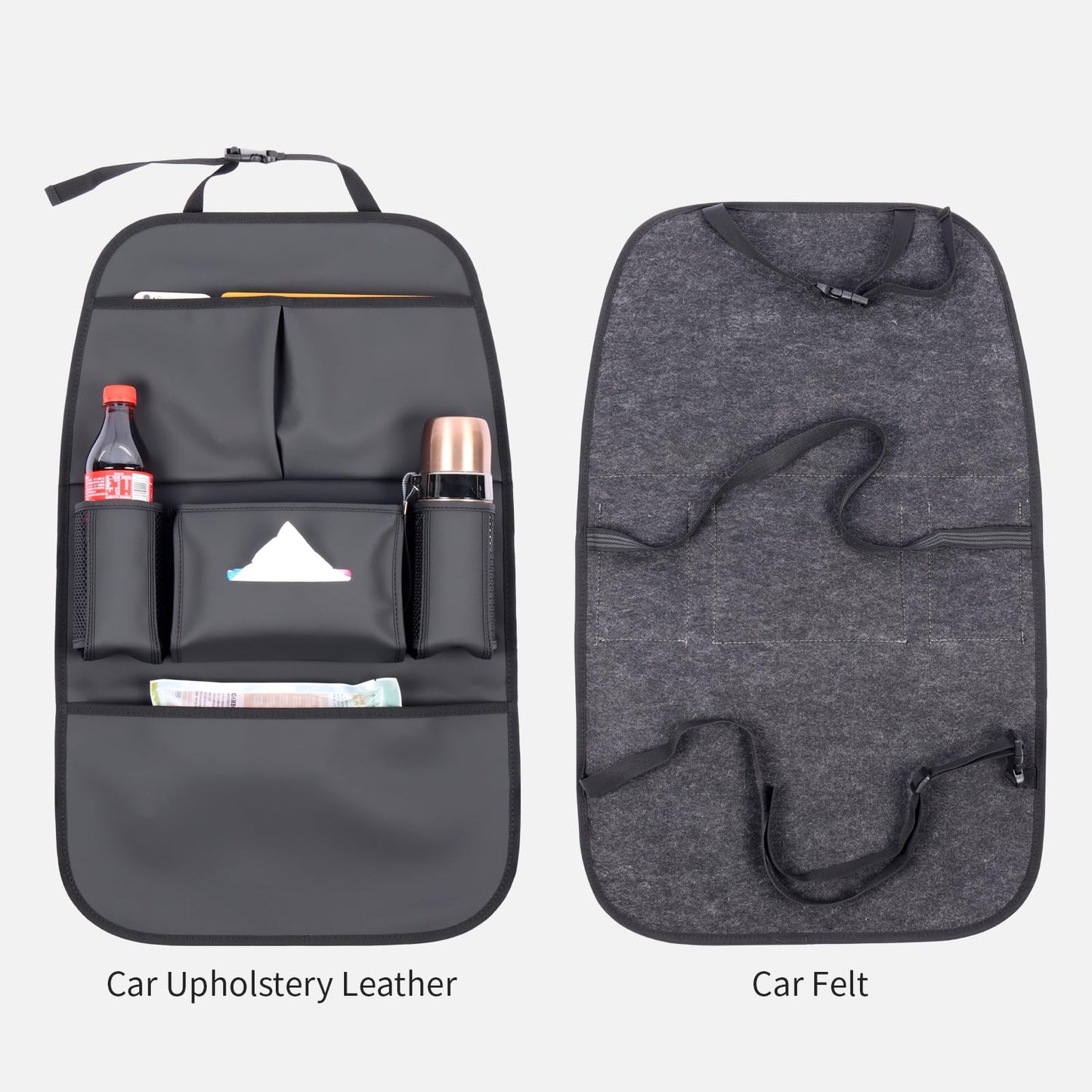 pefirst Car Backseat Organizer for Kids, Car Back Seat Storage Bag With 3 Pockets, 2 Drinks Holders, Water Resistant, Kids Toy Storage Kick Mat Back Seat Protector for Toddlers (Black 1-Pack)