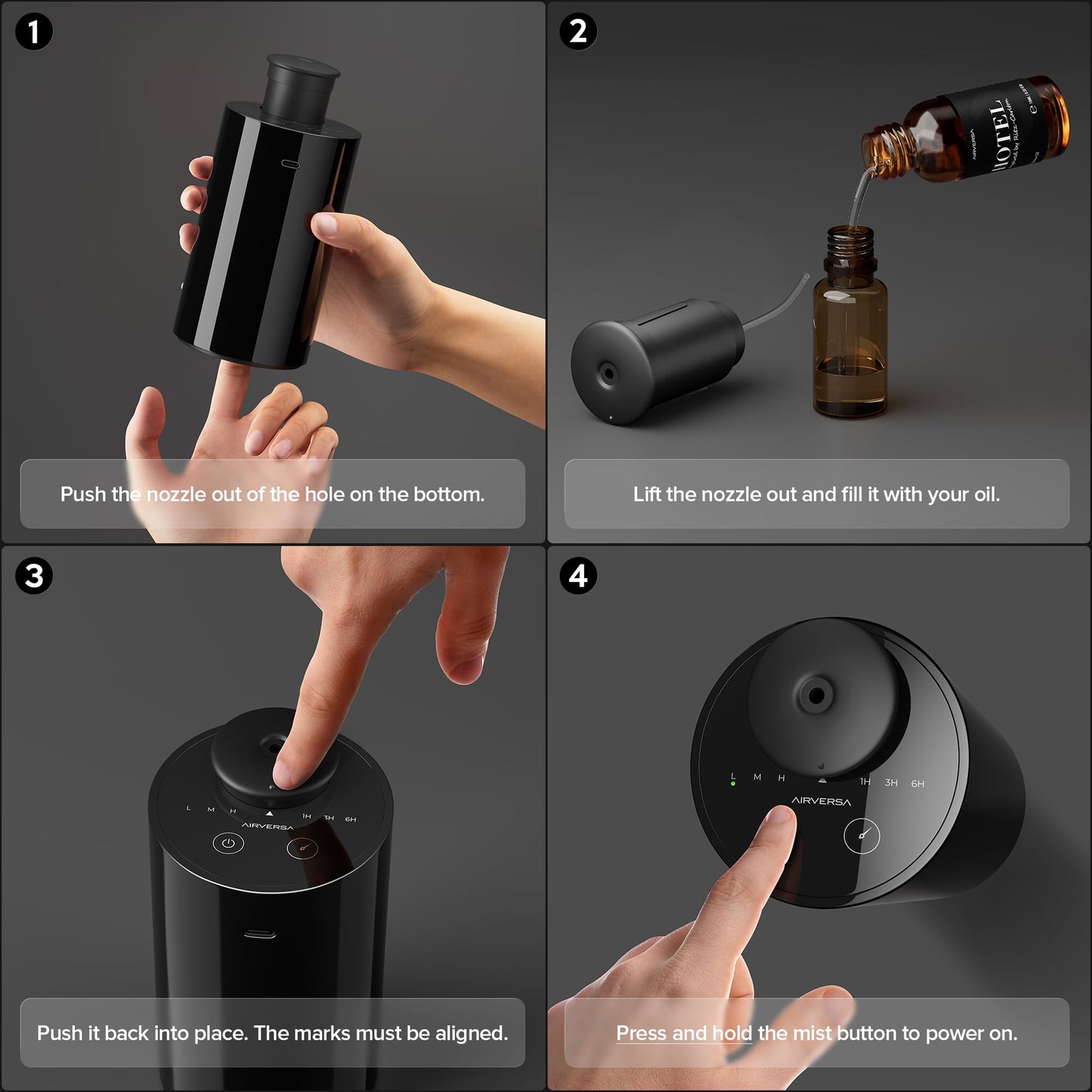 Airversa Waterless Diffuser for Essential Oil, Car Diffsuer, Battery Operated Nebulizer, 0.7 Fl Oz/ 20mL, Cordless Mini Scent Air Machine, 3 Timers & Mist Levels for Home, Room, Car, Office, AN6 Black