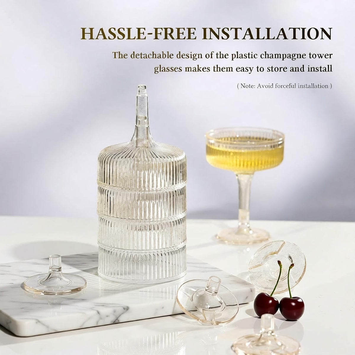 SOBECHOI 4-Tier Champagne Tower with 20 PCS 7oz Gold Glitter Plastic Flutes, Butterfly Shape Vertical Stripes Design - Shatterproof Reusable Toast Glasses for Weddings, Celebrations