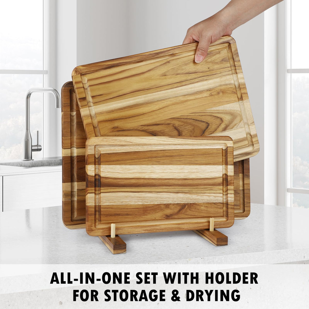 3 Pcs Teak Wood Cutting Board Set with Holder, Reversible Chopping Boards with Deep Juice Groove