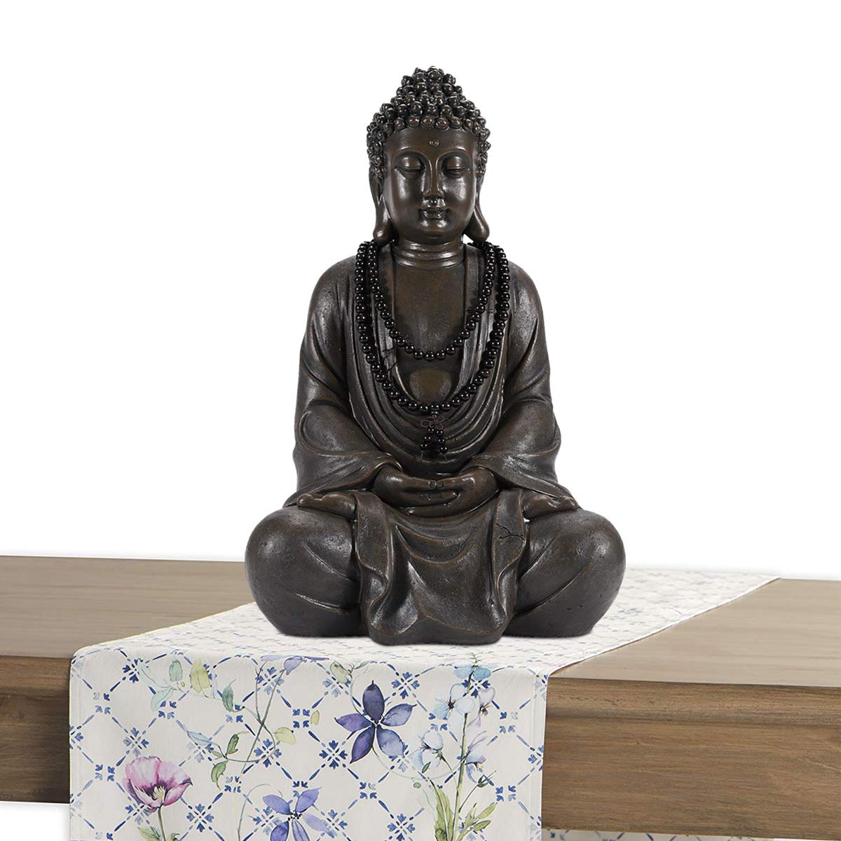 Goodeco Meditating Buddha Statue Figurine Sculpture - Indoor or Outdoor Zen Decor for Home/Garden with Natural Wood Beaded Necklace,Polyresin,Antique Bronze Look (11.4 inch)