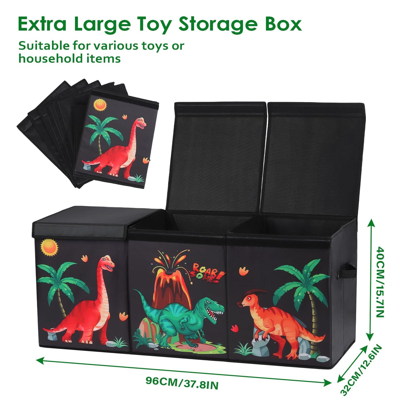 Extra Large Storage Box with Flip Lid,Collapsible Oxford Storage Organizer with Handles,Sturdy Waterproof Storage Chest for Bedroom,37.7×12.5×15.7''（Dinosaur）