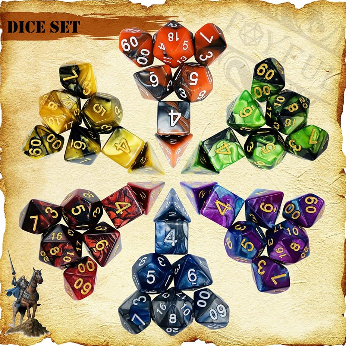REZIPO Gifted Package 6 Sets DND Dice Double-Color Polyhedral Dice Dungeons and Dragons Rolling Dice for RPG MTG Table Games with Six Drawstring Bags and D&D Dice Tray