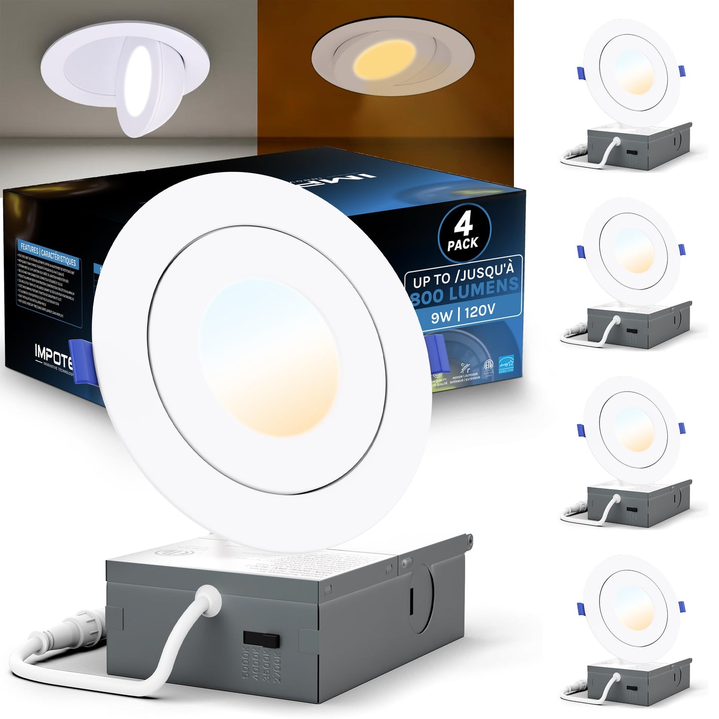IMPOTEK 4 Inch Gimbal Eyeball Light, LED Recessed Ceiling Light with Junction Box 5 CCT 2700K/3000K/3500K/4000K/5000K Dimmable IC Rated ETL Energy Star Listed 9W 800LM - RCL1T-9W4IN (Pack of 4)