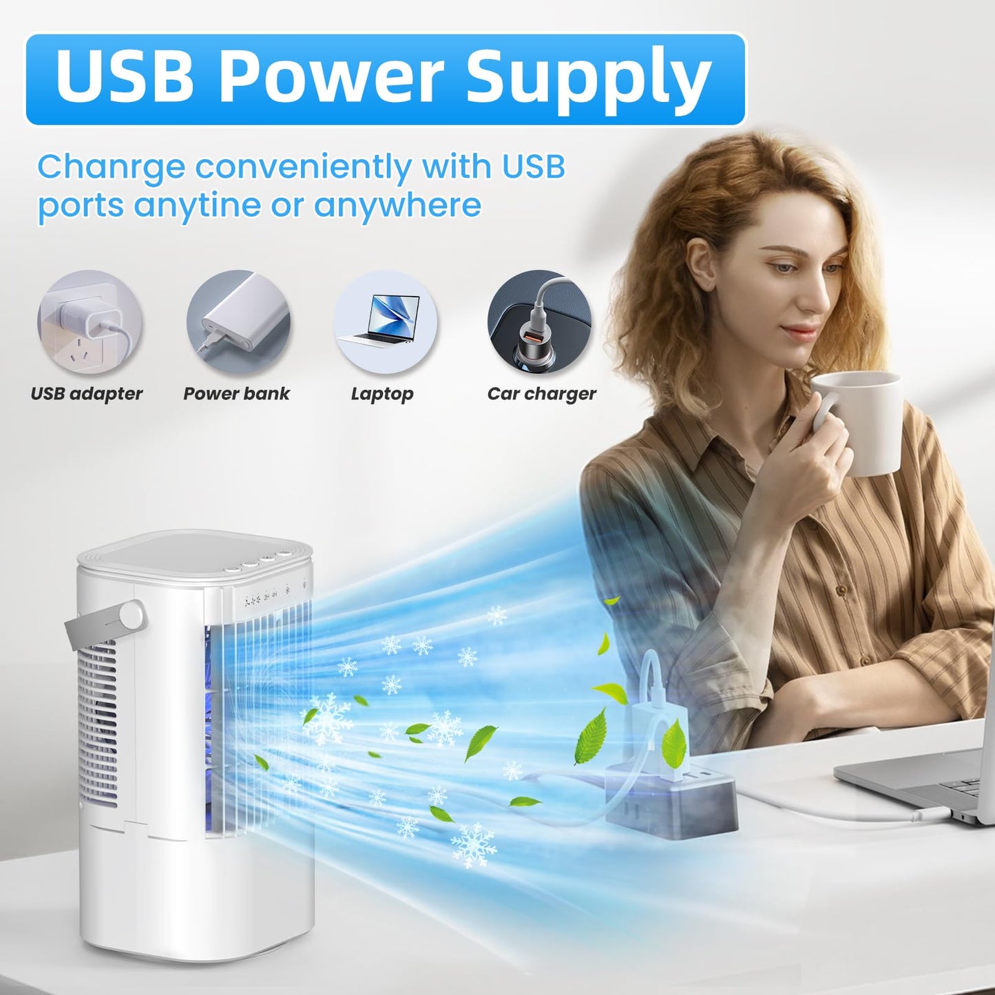 Portable Air Conditioner, 4-in-1 Mini Small Air Conditioner Evaporative Air Cooler Fan with 1000ml Water Tank, 3 Speeds & 7 LED Lights, Personal Mini AC with Timer for Bedroom, Desktop, Home, Office