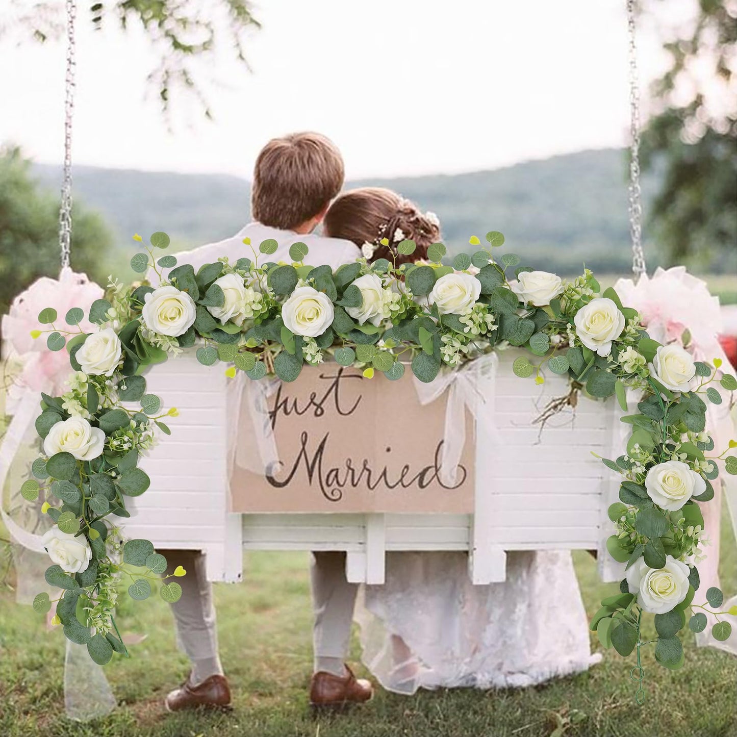 TOCHGREEN 4Pcs(26 Ft) Artificial Eucalyptus Flower Garland with White Rose Flowers,Faux Rose Vine Gypsophila Garland,Floral Garland Greenery Garland for Party Wedding Table Decor (White, 4PCS)