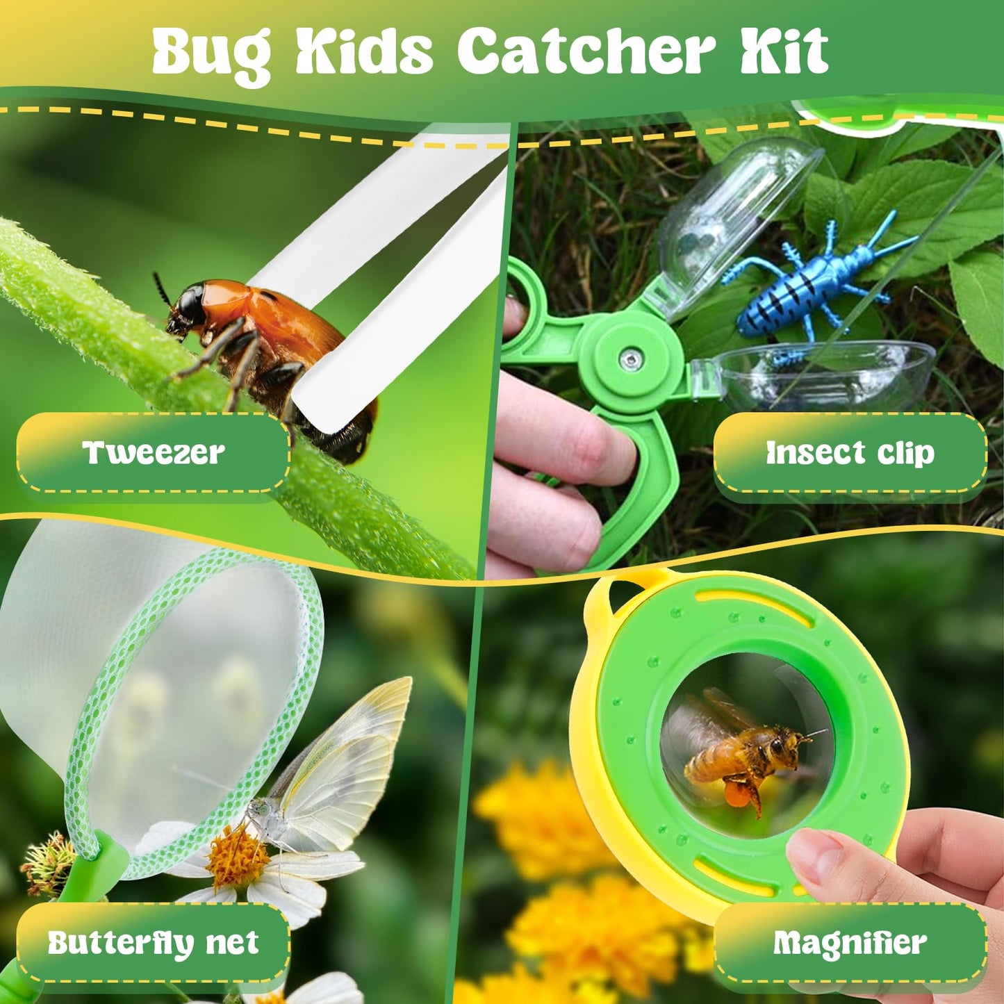 JYNTERPLAY 2 Pack Bug Catcher for Kids Insect Catching Kit 360° Rotating Viewing Angle with Butterfly Net Tweezer Magnifying Glass Clamp Outdoor Explorer Activities for Age 3-5 5-8 8-12
