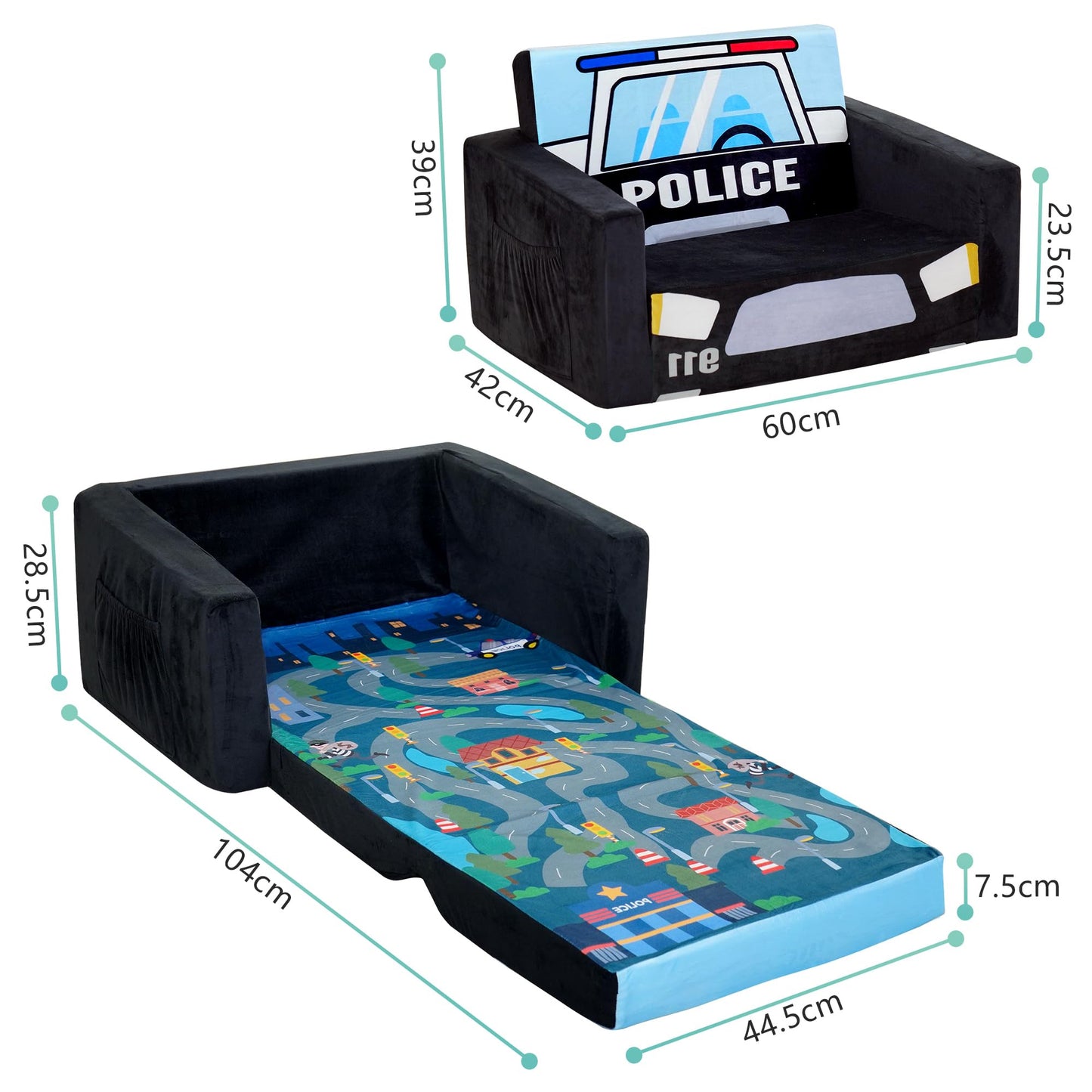 MallBest Kids Sofas Children's Sofa Bed Baby's Upholstered Couch Sleepover Chair Flipout Open Sofa(Black/Police Car)