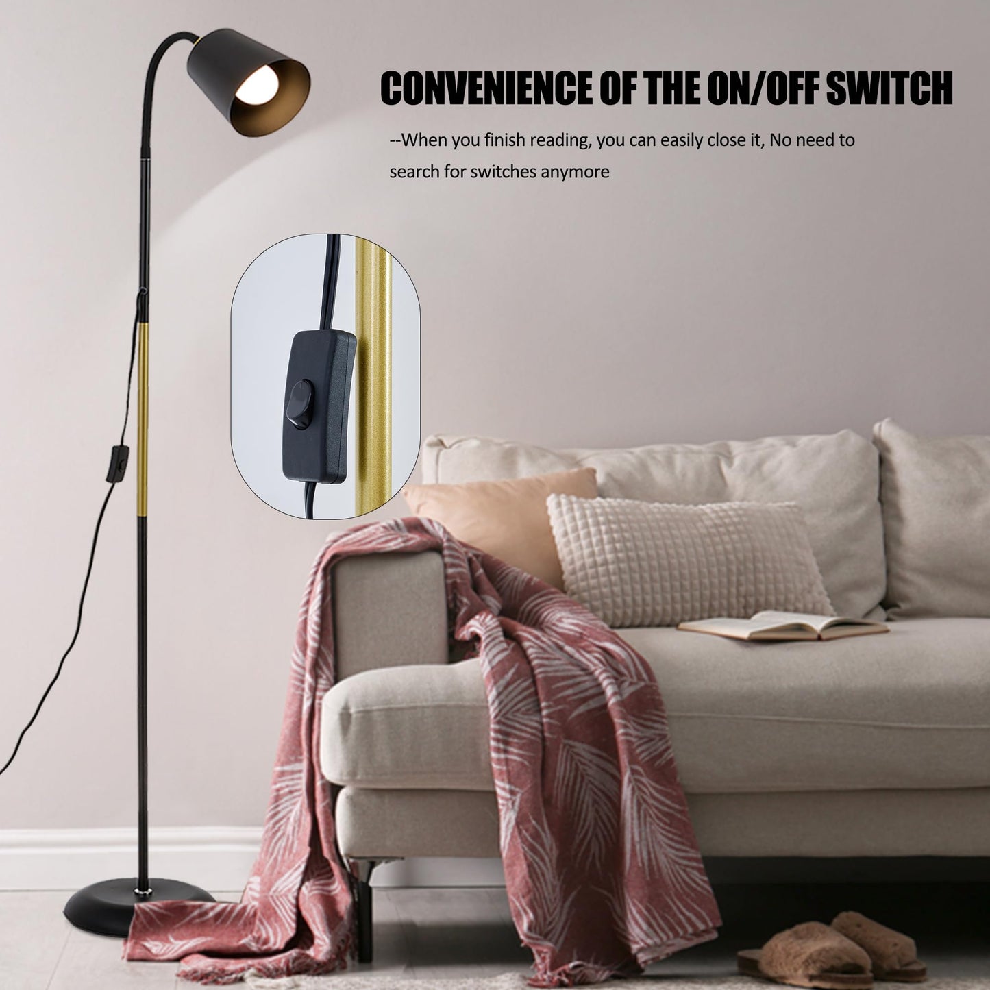 Floor Reading Lamp, Industrial Metal Standing Lamps with Adjustable Bendable 2 in 1 Table Lamps for Living Room Bedroom Office, 12W Bulb Included (Black)
