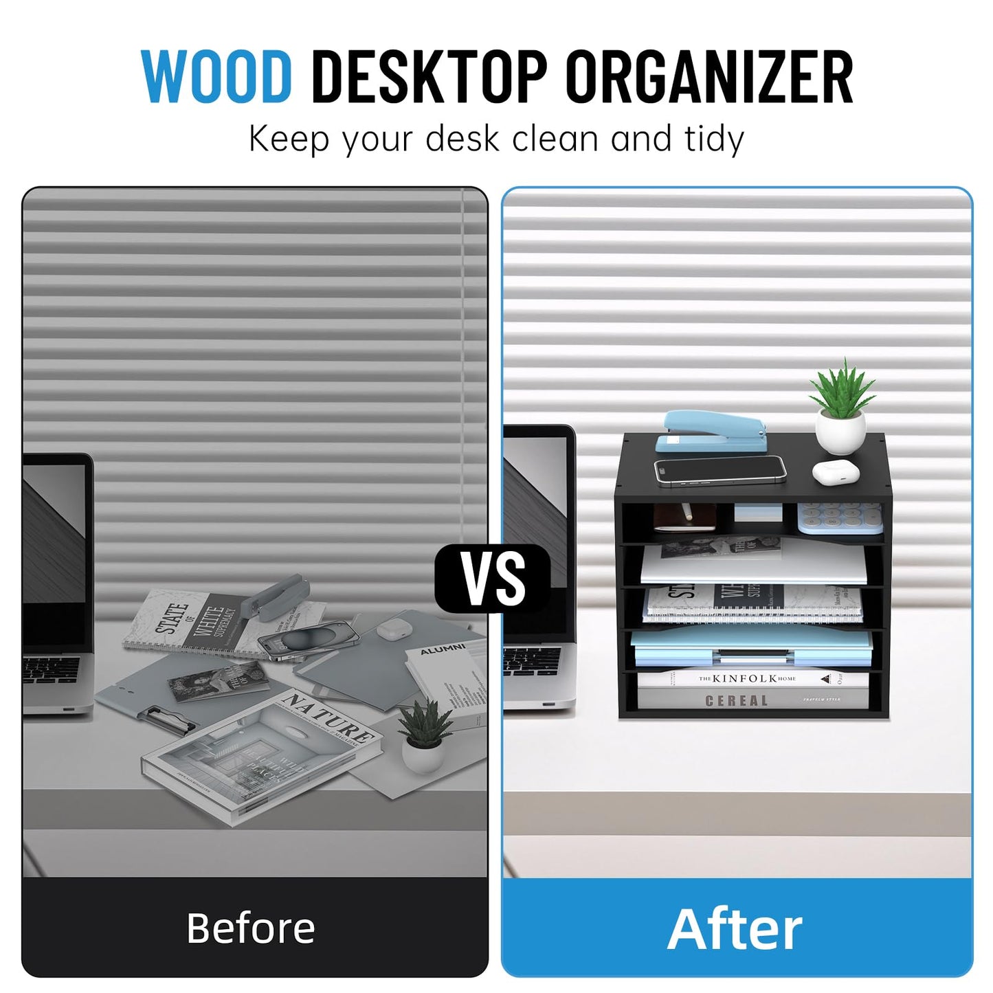 SHARKWOODS 5-Tier Wood Desk Organizer, Paper Sorter for Desktop with Adjustable Storage Shelves, Desktop Mail Holder for Office Home Classroom, Black