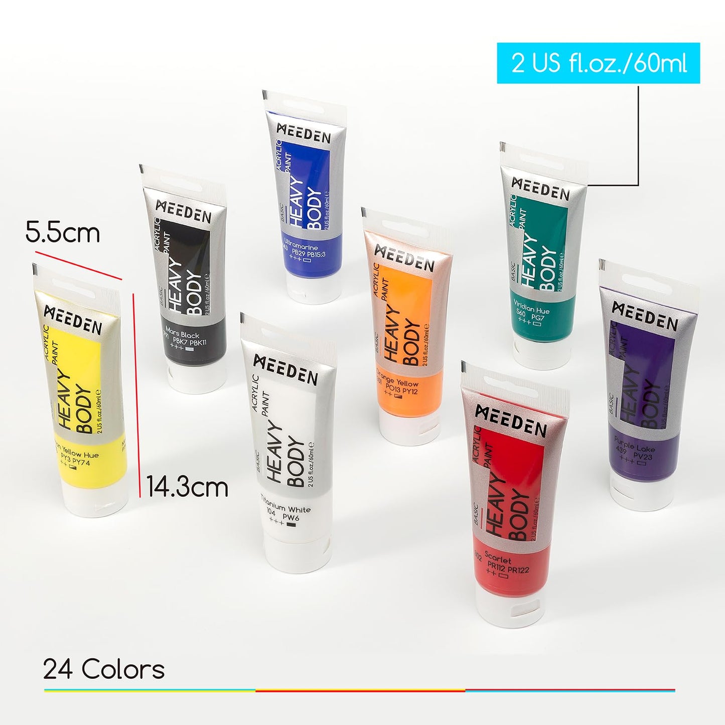 MEEDEN Heavy Body Acrylic Paint - Basic Satin Finish 24 x 60ml (2 oz) Color Paint Set for Adults - Rich Pigment Art Craft Paints for Canvas Rock Wood