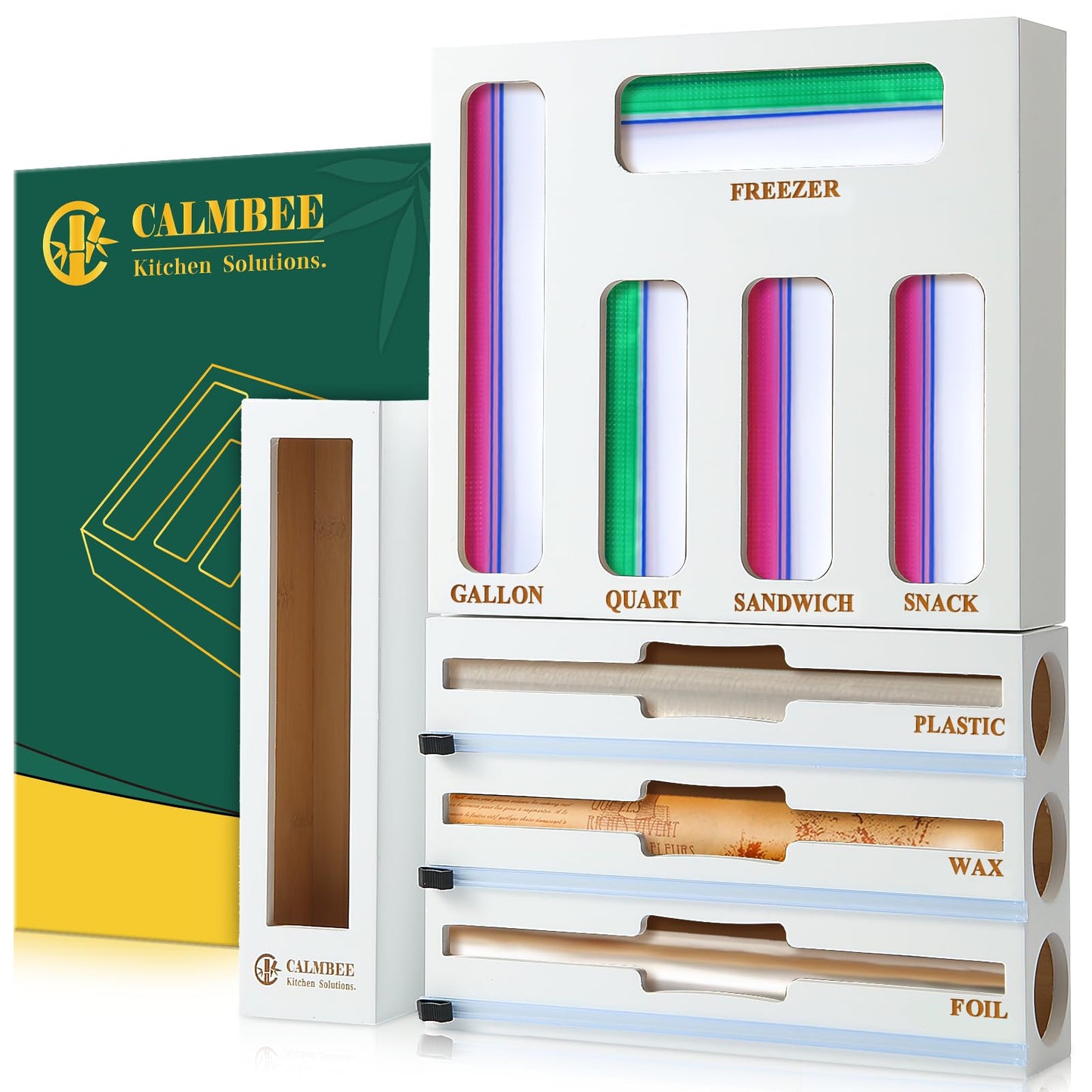 Calmbee 9 IN 1 Storage Bag Organizer for Kitchen Drawer, Bamboo Foil and Plastic Wrap with Cutter, Organizers Compatible Gallon, Quart, Sandwich Snack Size (White)