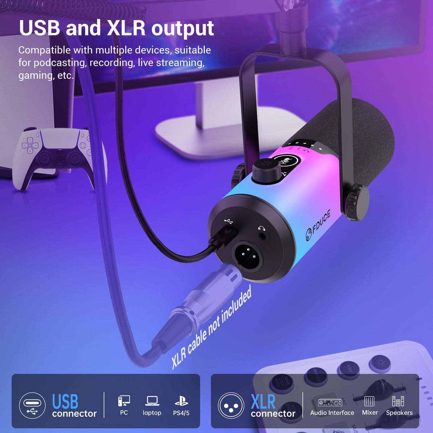 FDUCE USB/XLR Gaming Dynamic Microphone for Podcast Recording, PC Computer Gaming Streaming Vocal Mic with RGB Light, Mute Button, Gain Knob, Headphones Jack, with Boom Arm (D20+)