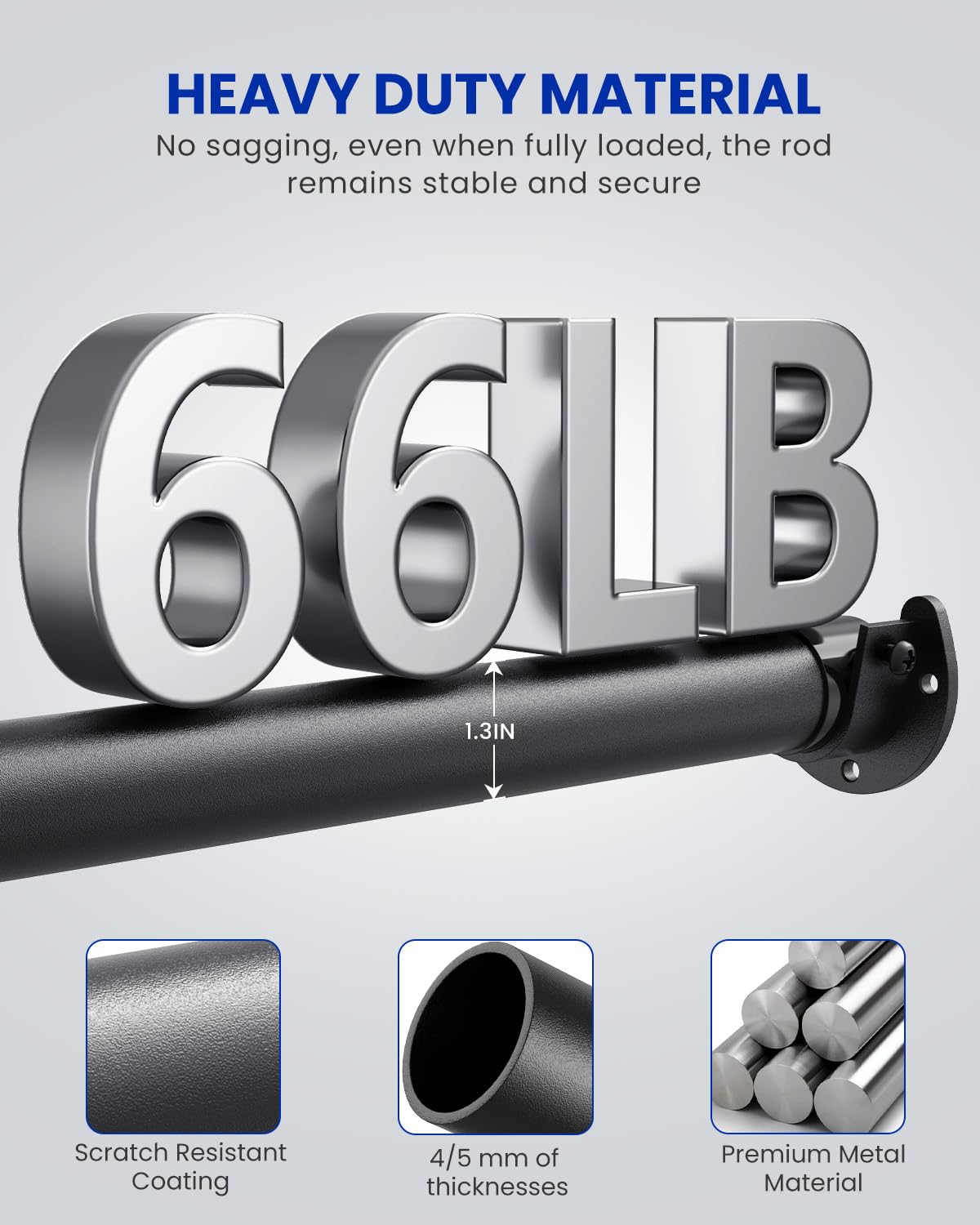 Closet Rods for Hanging Clothes, 17-84 inches Stepless Adjustable Metal Closet Rod, 1.3 Inches Heavy Duty Clothes Hanging Rod for Closet Wardrobes Laundry RV, Black