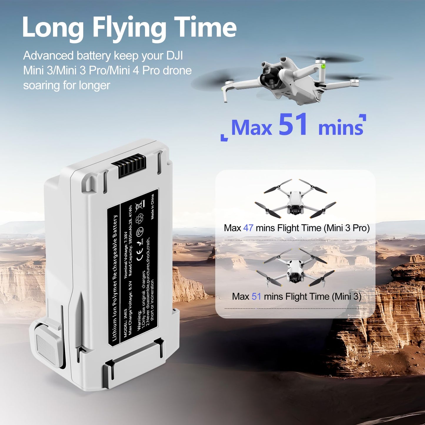 PoweLyt 1 Pack Mini 3 Series Intelligent Flight Battery 3850mAh Upgraded Drone Battery Supports up to 51 Minutes of Flying Time Fully Compatible with DJI Mini 4 Pro/3 Pro/3 Drone