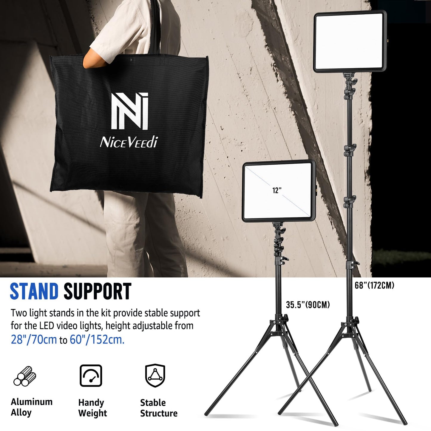 2-Pack LED Video Light Kit, NiceVeedi 2800-6500K Dimmable Continuous Photography Lighting with Tripod Stand & Phone Holder, 63” Studio Light for Video Recording, Shooting, Game Streaming, YouTube