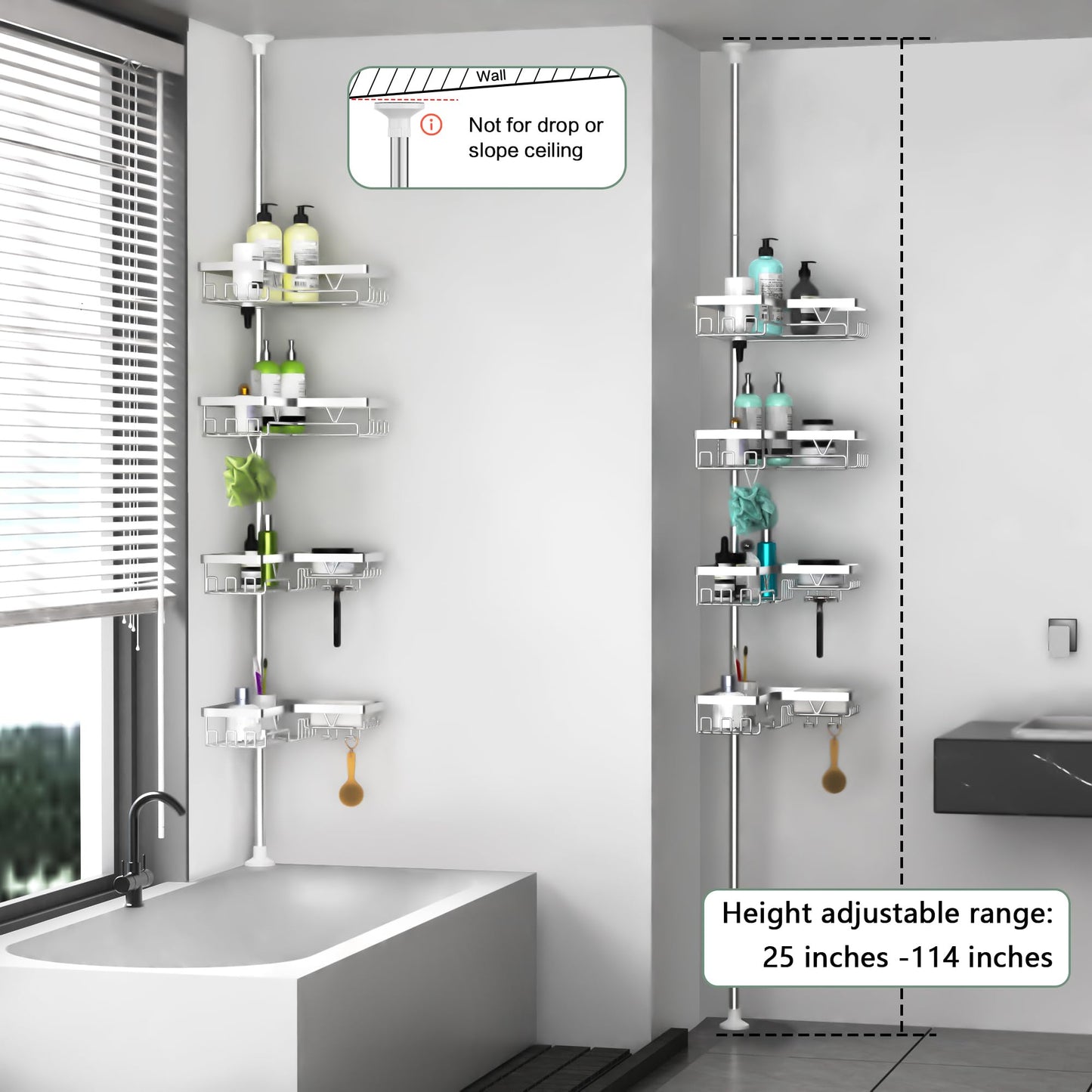 DAOYA Shower Caddy Tension Pole - Corner Shower Caddy with Soap Holder Bathroom Organizer for Tub (Stainless Steel, Silver, Floor to Ceiling 25-114.2 inch)