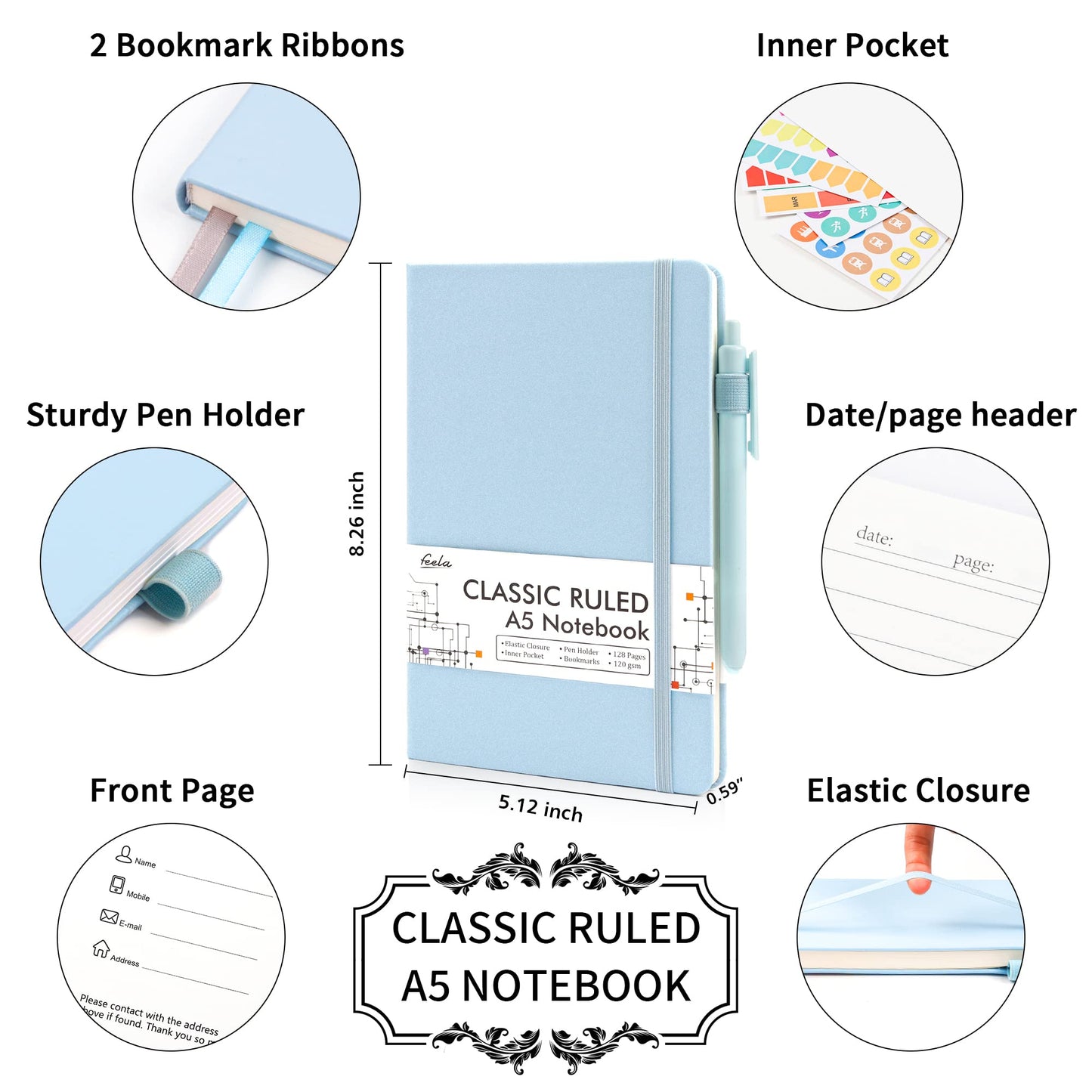 feela 8 Pack Journal Notebook Bulk for School, Hardcover Business Notebooks Classic Ruled Lined Journals with Pen Holder for Work Note Taking, with 8 Black Pens, 120 GSM, 5.1”x8.3”, A5, Light Blue