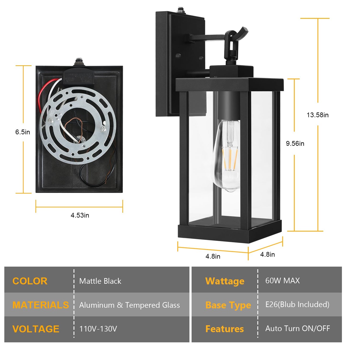 TOPKDA 2 Pack Dusk to Dawn Outdoor Light Fixture, Modern Outdoor Wall Light with Tempered Glass, Anti-Rust Aluminium Exterior Light Fixtures Wall Mount, Black Outside Lights for House, Porch, Garage