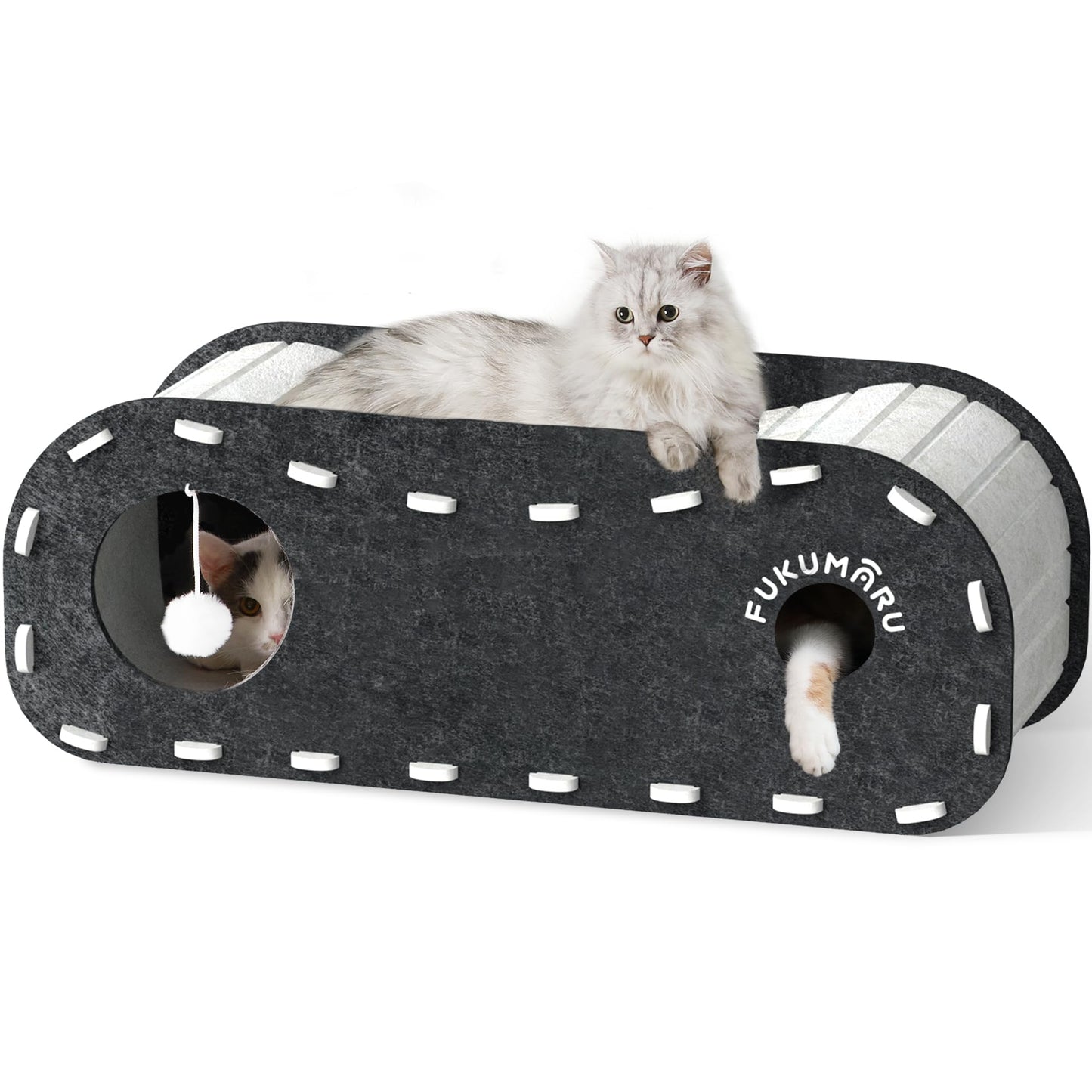 FUKUMARU Cat Beds for Indoor Cats, Large Cat Cave for Multi-Pet Up to 22Lbs, Foldable Cat House with Fluffy Ball Hanging, Scratch Resistant Felt Cat Hideaway, 31.5x11.2x11.6 inches, Black and White