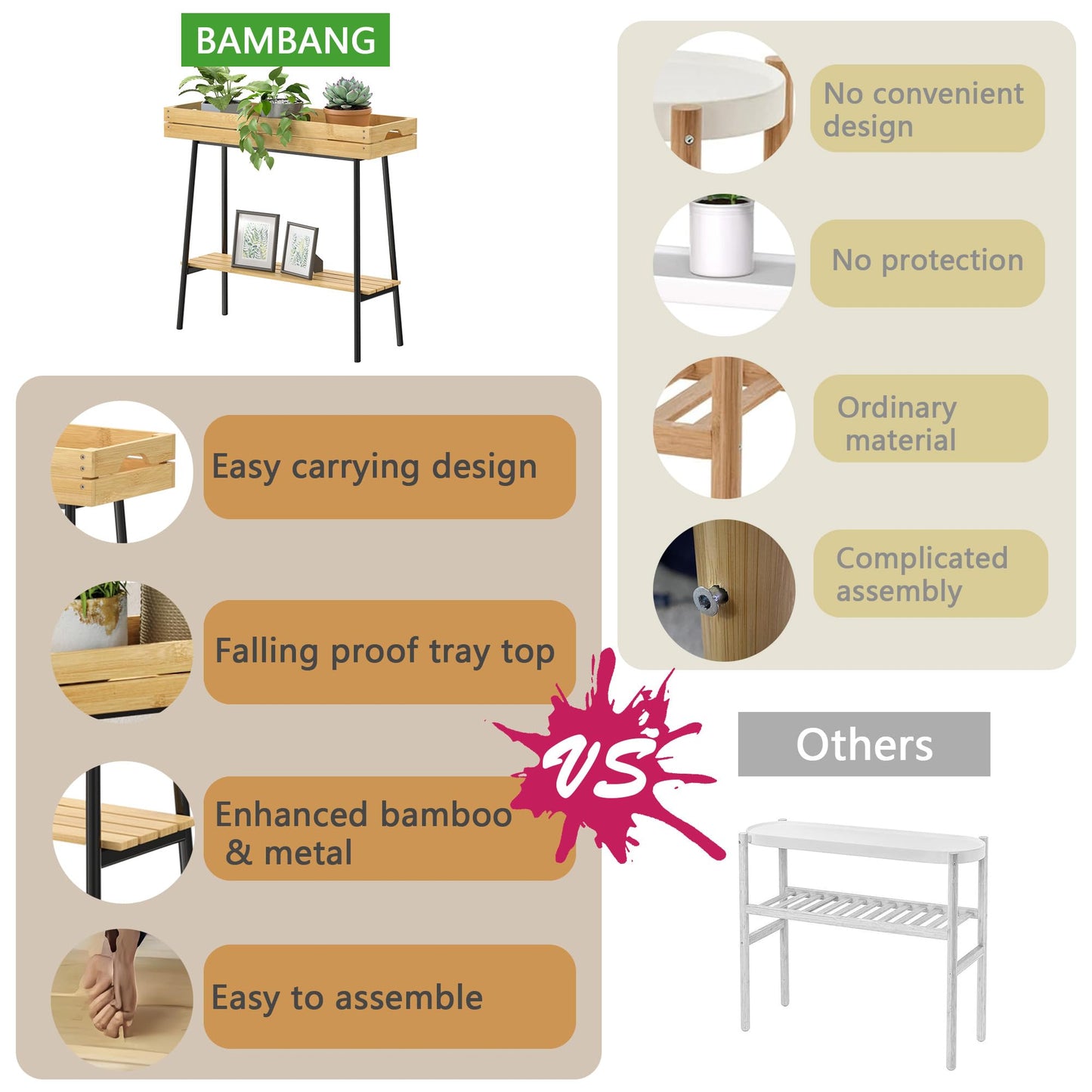 BAMBANG Bamboo Plant Stand Indoor, 2 Tier Wood Small Plant Table, Tall Plant Stand for Indoor Plants, Window Sill Plant Shelf, Flower Pot Holder Plant Bench Plant Rack for Living Room Balcony Outdoor