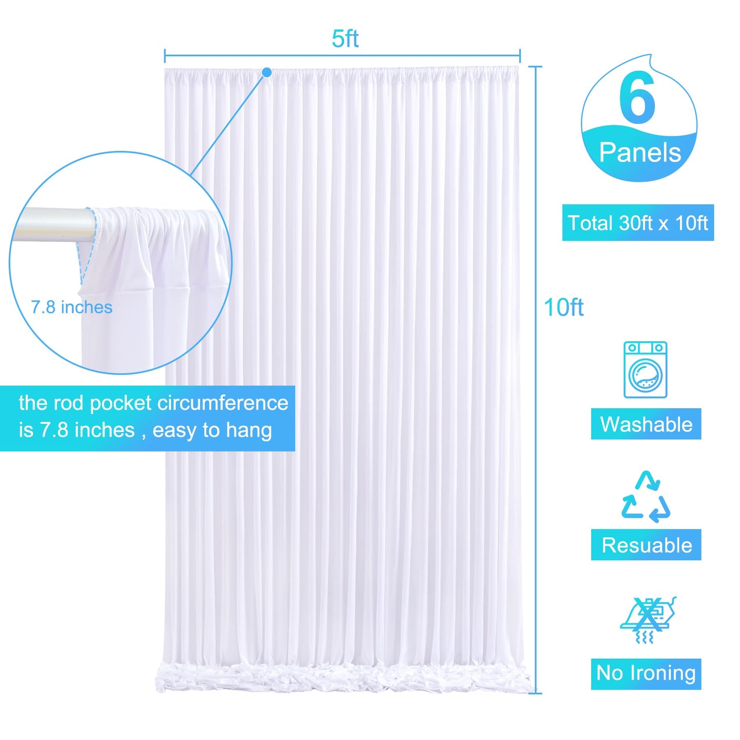 6 Panels White Backdrop Curtain for Parties Wedding Wrinkle Free White Photo Curtains Backdrop Drapes Fabric Decoration for Baby Shower 30ft(W) x 10ft(H)