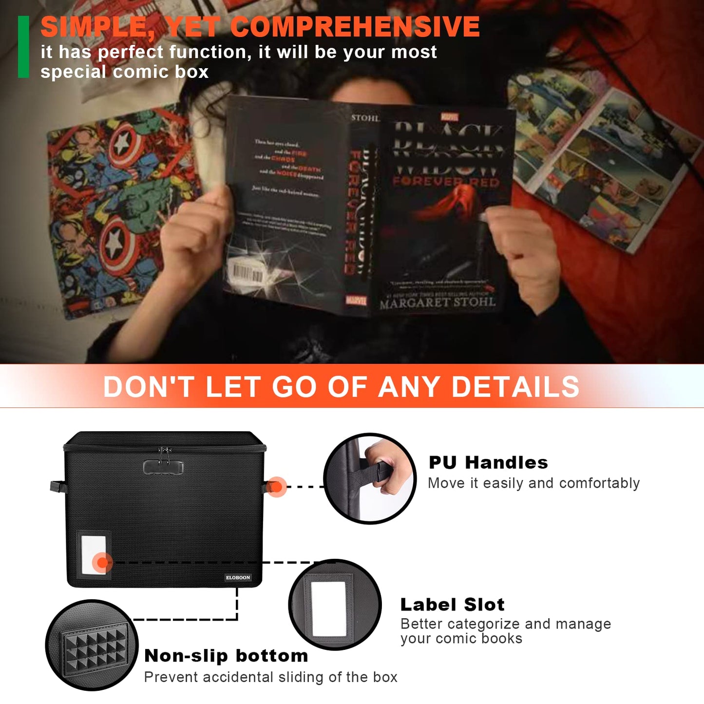 Comic Book Storage Box, ELOBOON Fireproof & Water-Resistant Comic Book Box with Lock and Label Window, Moistureproof Comic Short Box with Fire Zipper, Comic Book Bin with Non-Slip Bottom, Black