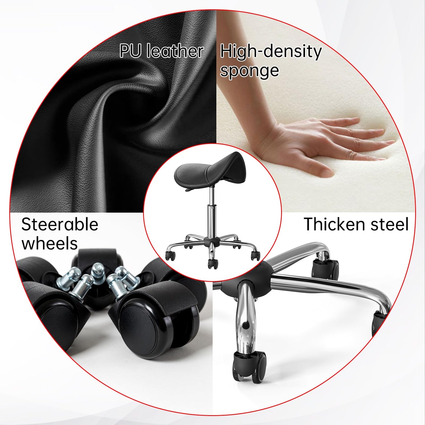 CLORIS Saddle Rolling Stool Hold up to 350 LBS Height Adjustable Swivel Chair Metal Feet with Wheels for Spa, Massage, Salon, Home, Office, Medical, Tatoo, Bar Black