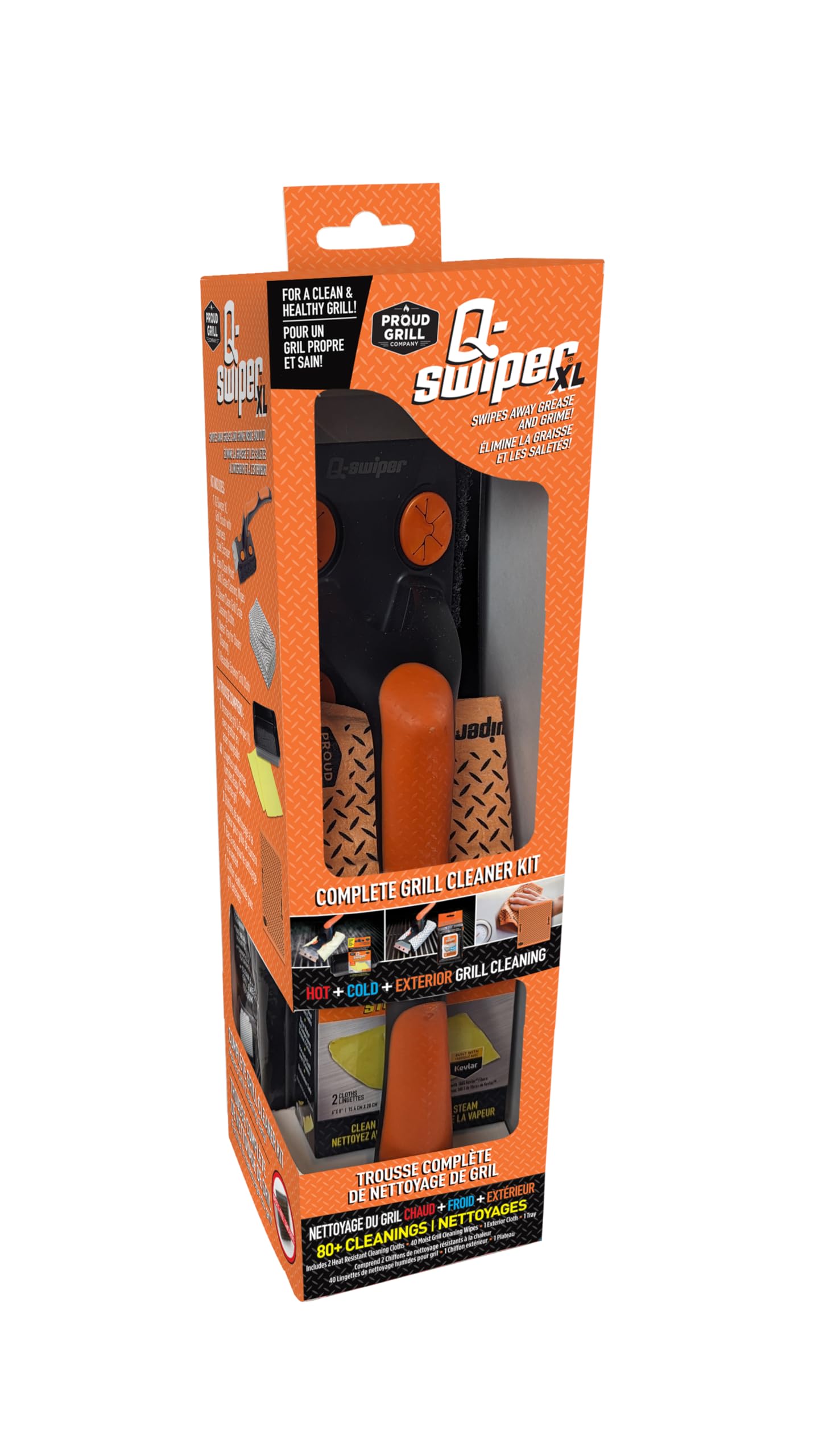 Q-Swiper XL Complete Grill Cleaner Kit - Hot + Cold + Exterior Grill Cleaning. Includes 1 Long Grill Brush, 2 Steam Clean Cloths, 40 Moist Grill Wipes, 1 Exterior Reusable Cloth and 1 Tray.