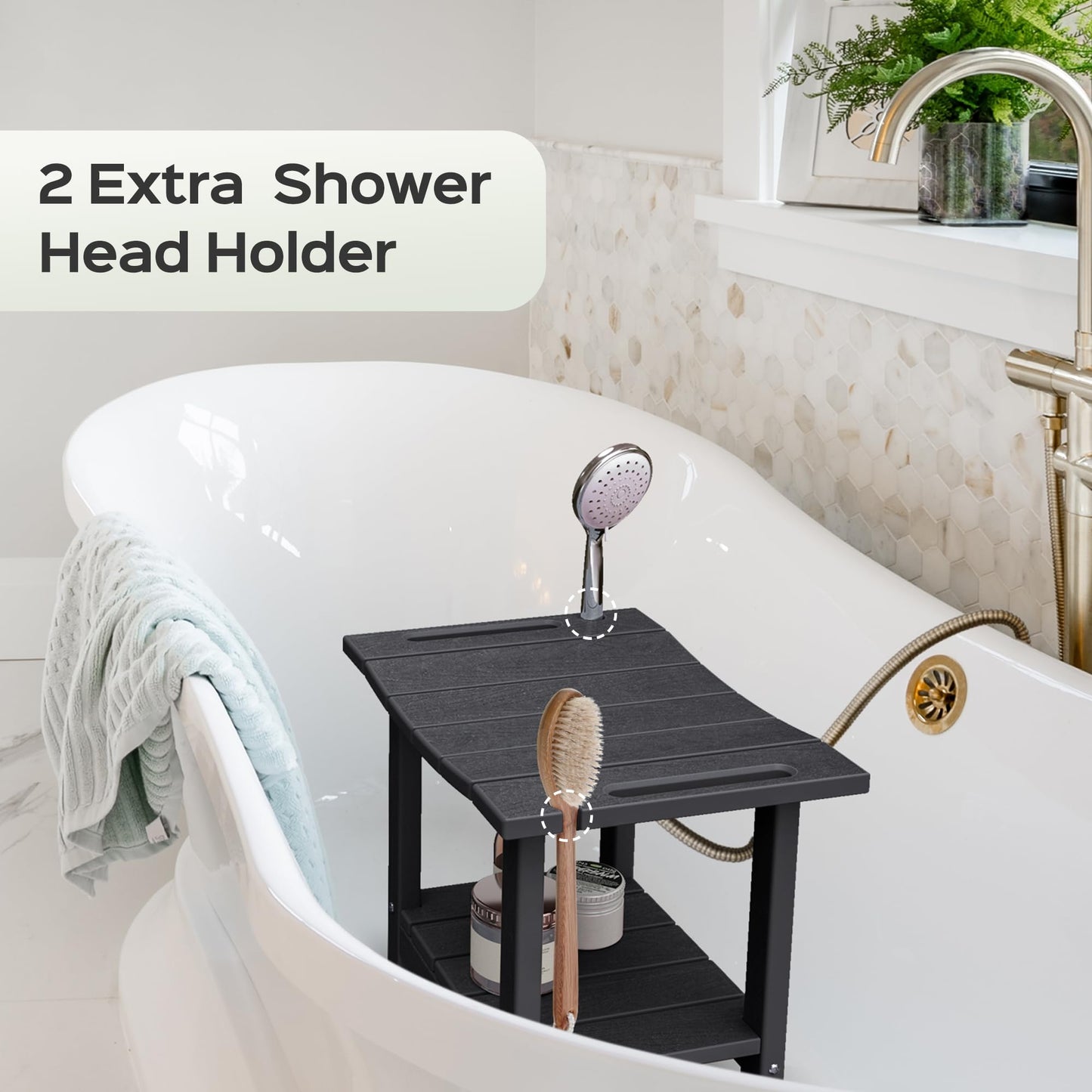 LyriFine Shower Bench, 18.5 Inch HDPE Waterproof Shower Stool for Inside of Shower, Bathroom Shower Chair with Shower Head Holder, 350LBS Sturdy Shower Stool for Elderly Seniors Shaving Legs, Black