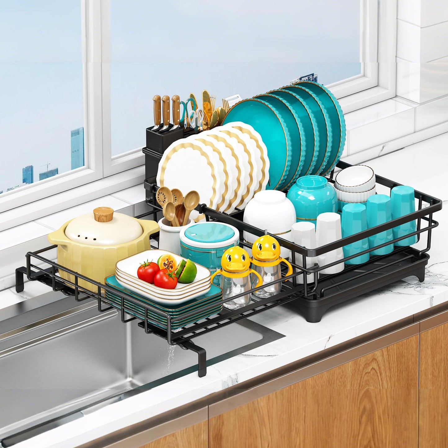 Large Dish Drying Rack,Expandable Dish Rack for Kitchen Counter,Dish Racks with Drain Board and Cutlery Holder,Kitchen Organizers and Storage,Black