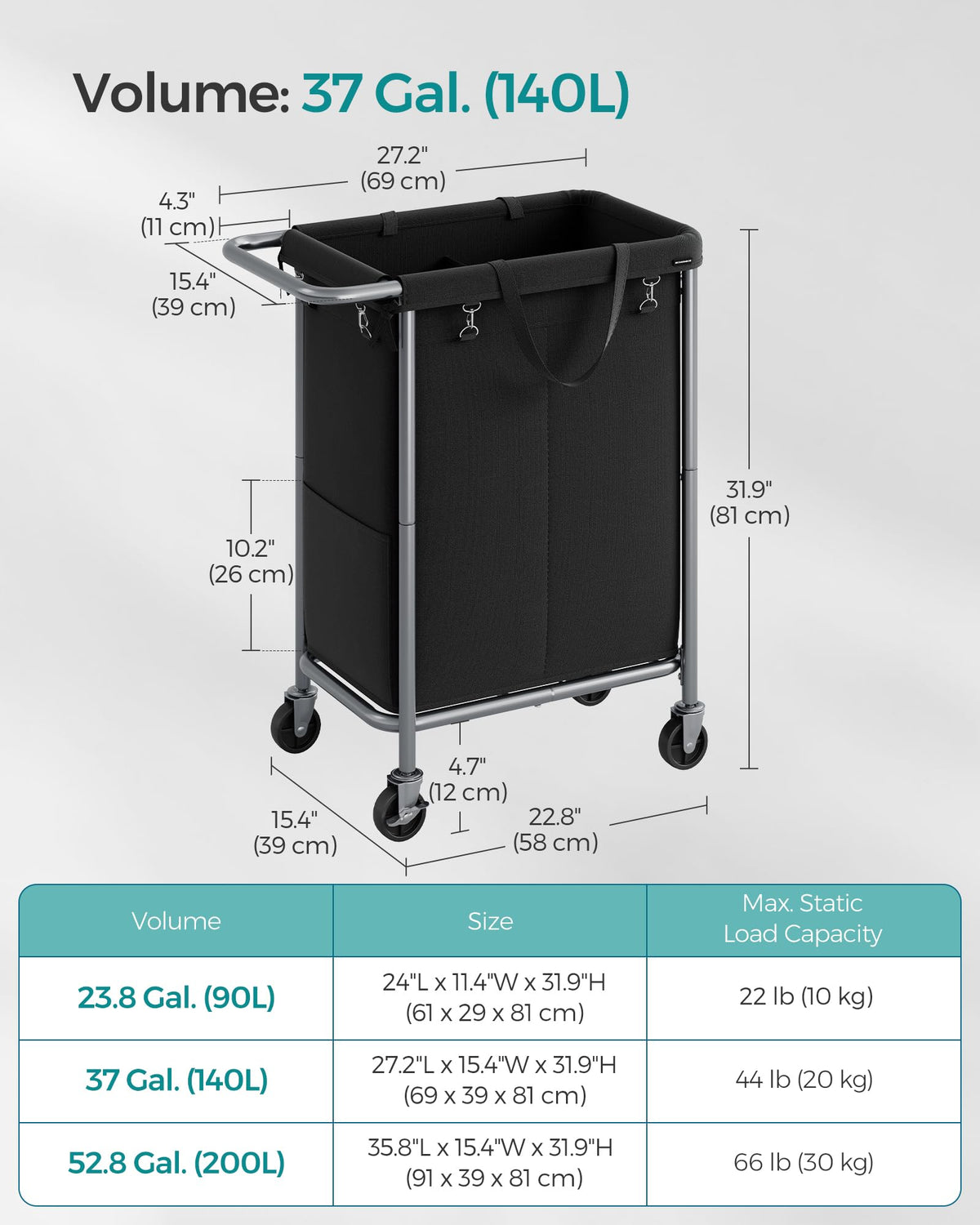 SONGMICS Laundry Basket with Wheels, 2-Section Rolling Laundry Hamper, 37 Gallons (140 L), Removable Liner, Steel Frame with Handle, 69 x 39 x 81 cm, Ink Black URLS004B01