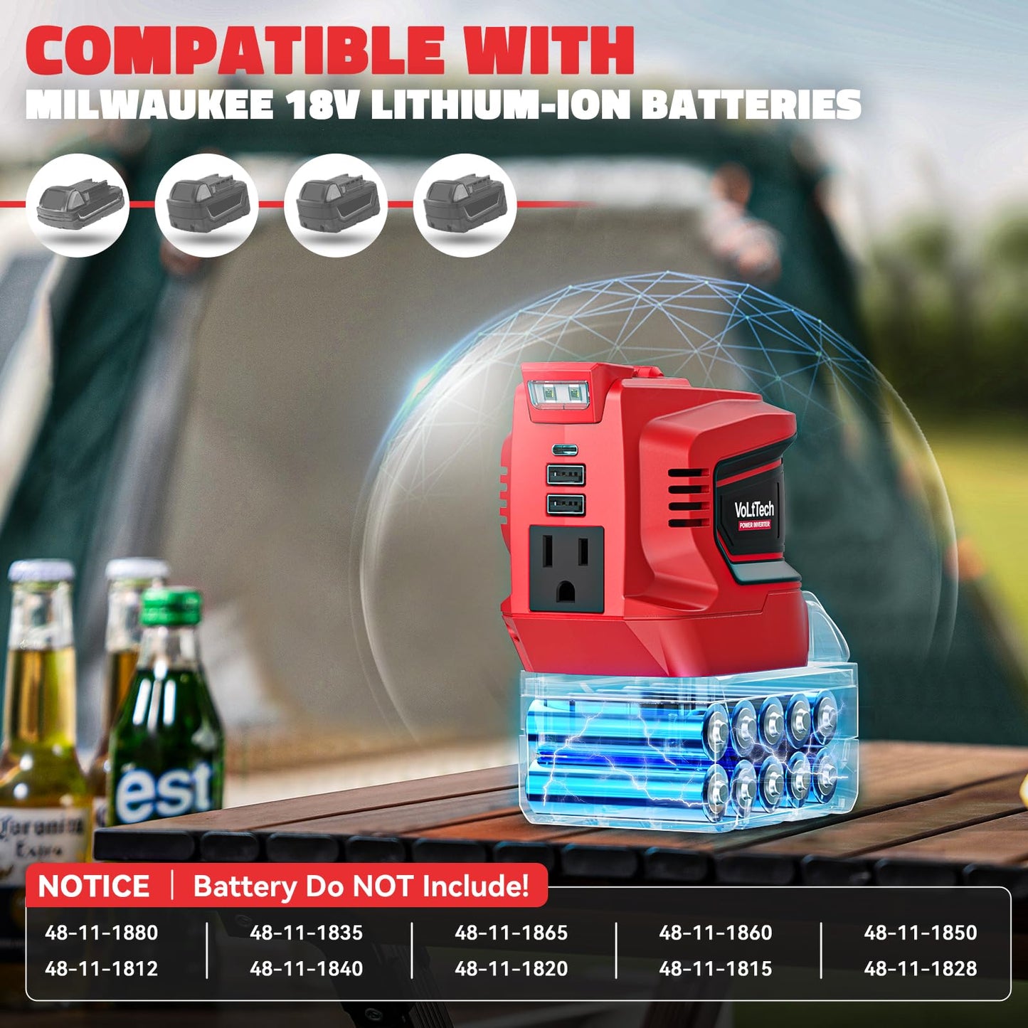 200W Power Inverter for Milwaukee M18 Battery, VoLtTech Battery Inverter 18V to 110V-120V, Power Station USB Charger Adapter Power Adapter with 2 USB Ports & 1 Type-C & 1 AC Outlet (No Battery)