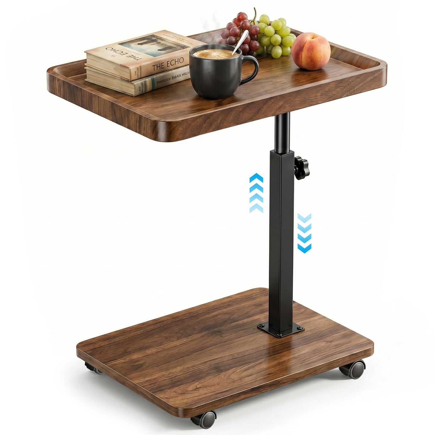 RIHEGIANT C Shaped End Table with Wheels, Adjustable Height & 360° Swivel TV Tray | Small Side Table for Living Room, Couch, Sofa, Bedside | C-Shaped Side Table