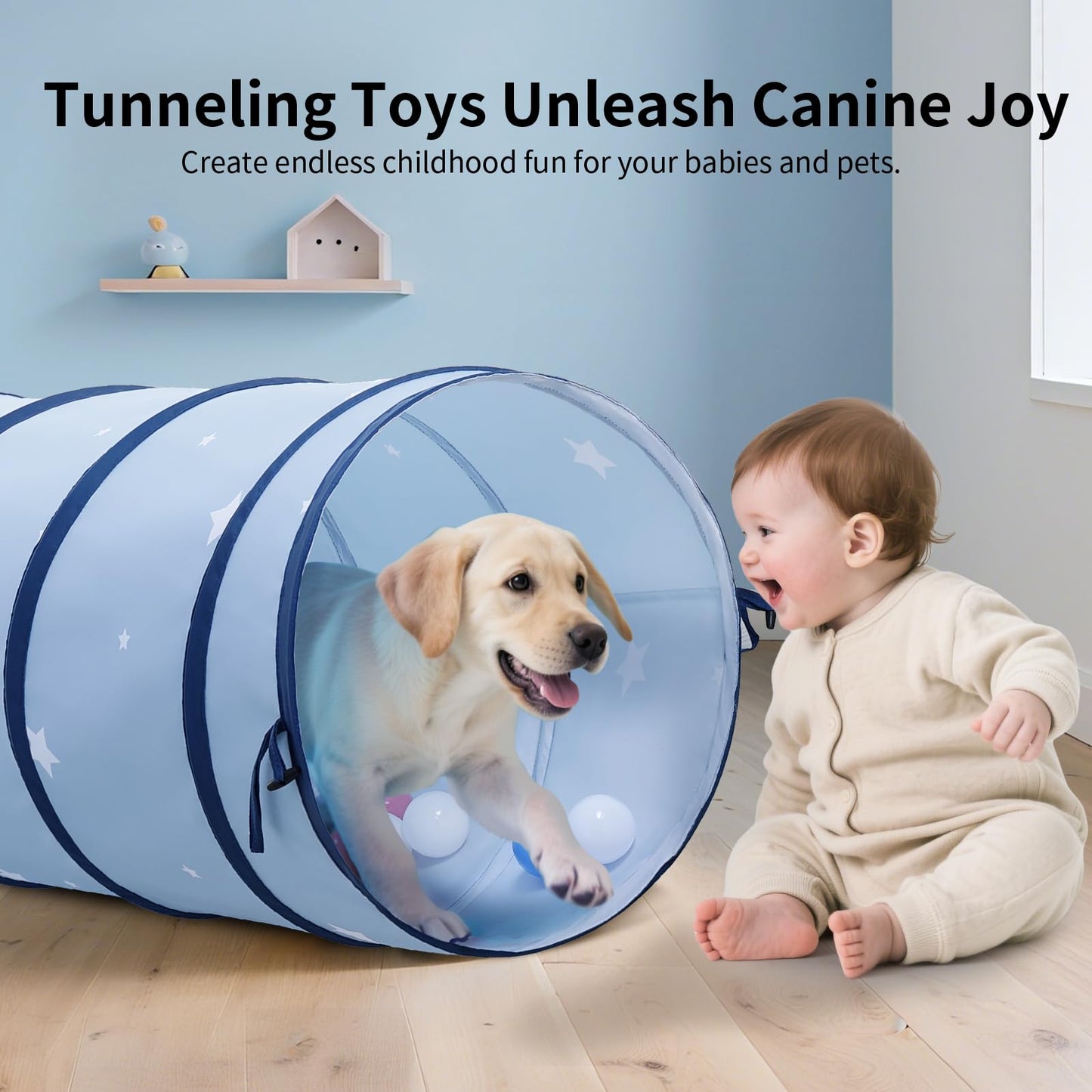 SweHouse Tunnel for Toddlers: 69" x 18" Baby Crawl Tunnel for Kids - Bule Indoor & Outdoor Toys for Toddlers - Birthday Gift for Boys & Girls - Peachskin Fabric Obstacle Training for Dogs Pets