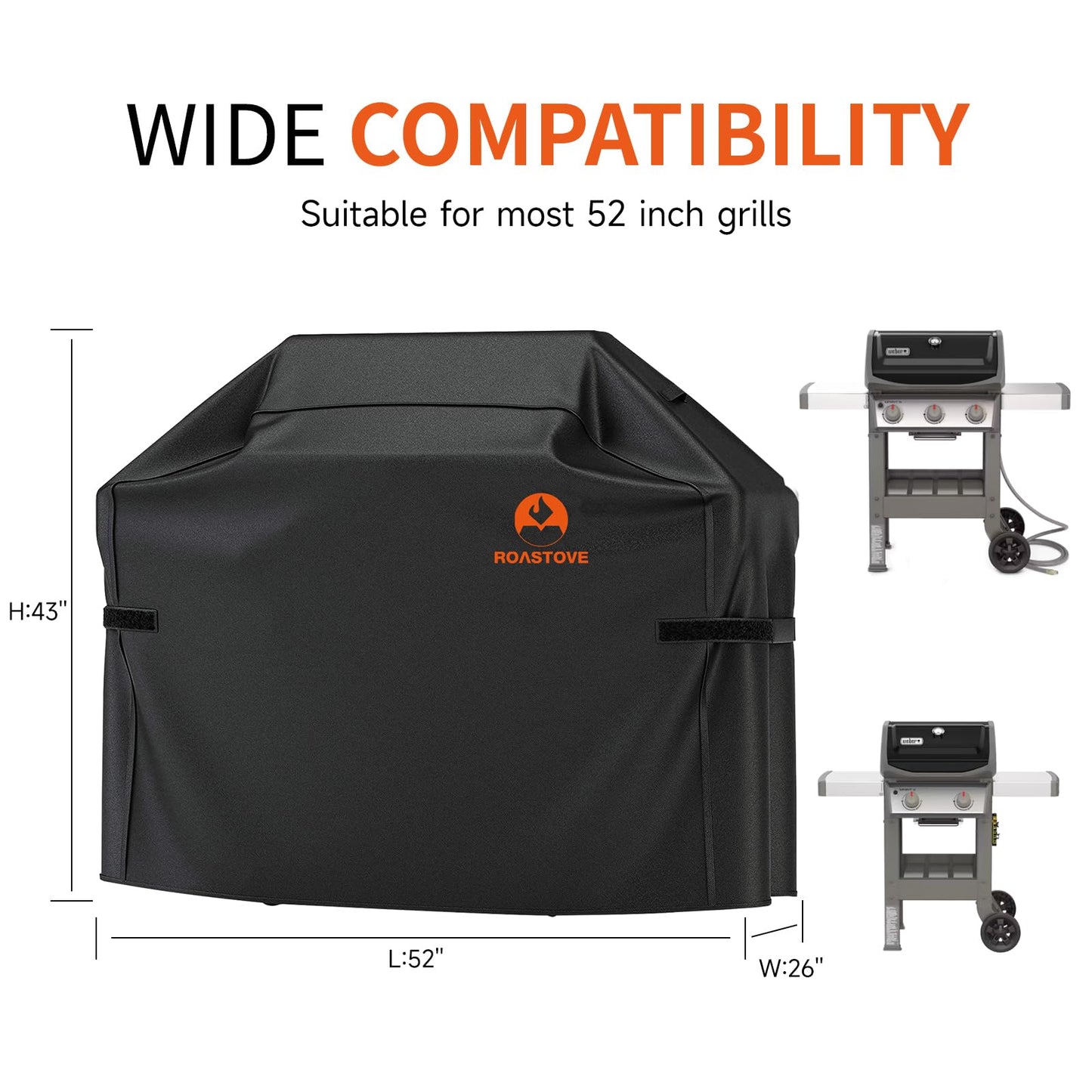 Roastove BBQ Grill Cover, 600D Heavy Duty Oxford Fabric Grill Cover for Weber,Brinkmann,Char Broil etc.(UV & Dust & Water Resistant, Weather Resistant, Rip Resistant)(52" L x 26" W x 43" H, Black)…