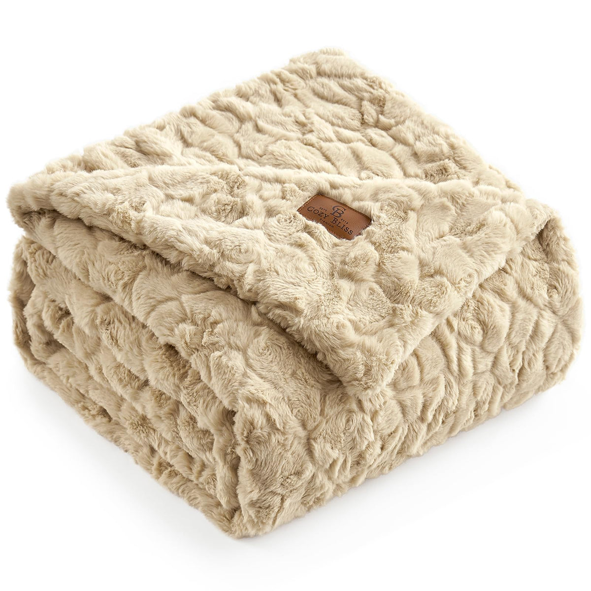 Cozy Bliss Faux Fur Throw Blanket for Couch, Fuzzy Soft Plush Thick Warm Fluffy Reversible Wave Textured Blanket for Sofa Bedroom Living Room, 55 * 70 Inches Khaki