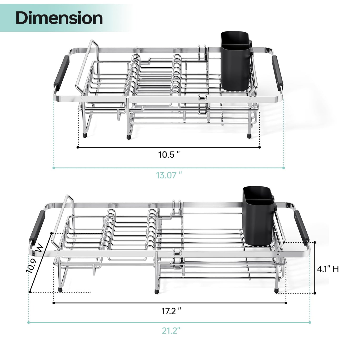 Urackify Stainless Steel Expandable-Sink-Dish-Drying-Rack with Utensil Holder for Kitchen Counter, in Sink and Over The Sink, Rust Resistant, Silver