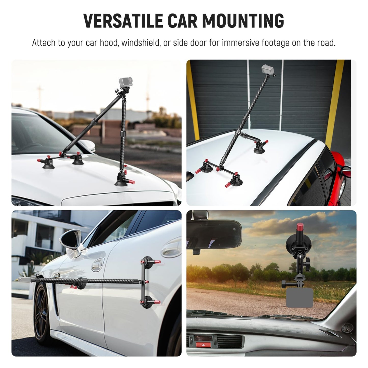 NEEWER Triple Suction Cup Car Mount Kit, Carbon Fiber Camera Mount with Action Camera Adapter, NATO Rail & 24"/60cm Extension Pole Compatible with GoPro Insta360, 2.2lb/1kg Max Load, CA136