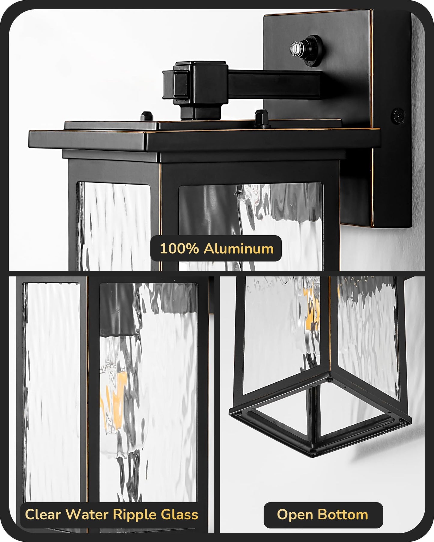 EDISHINE 2 Pack Outdoor Wall Light, Dusk to Dawn Exterior Light Fixture, Modern Porch Light Wall Mount Sconce, Clear Water Ripple Glass, Black Metal Outside Wall Lantern for Front Door Garage Patio