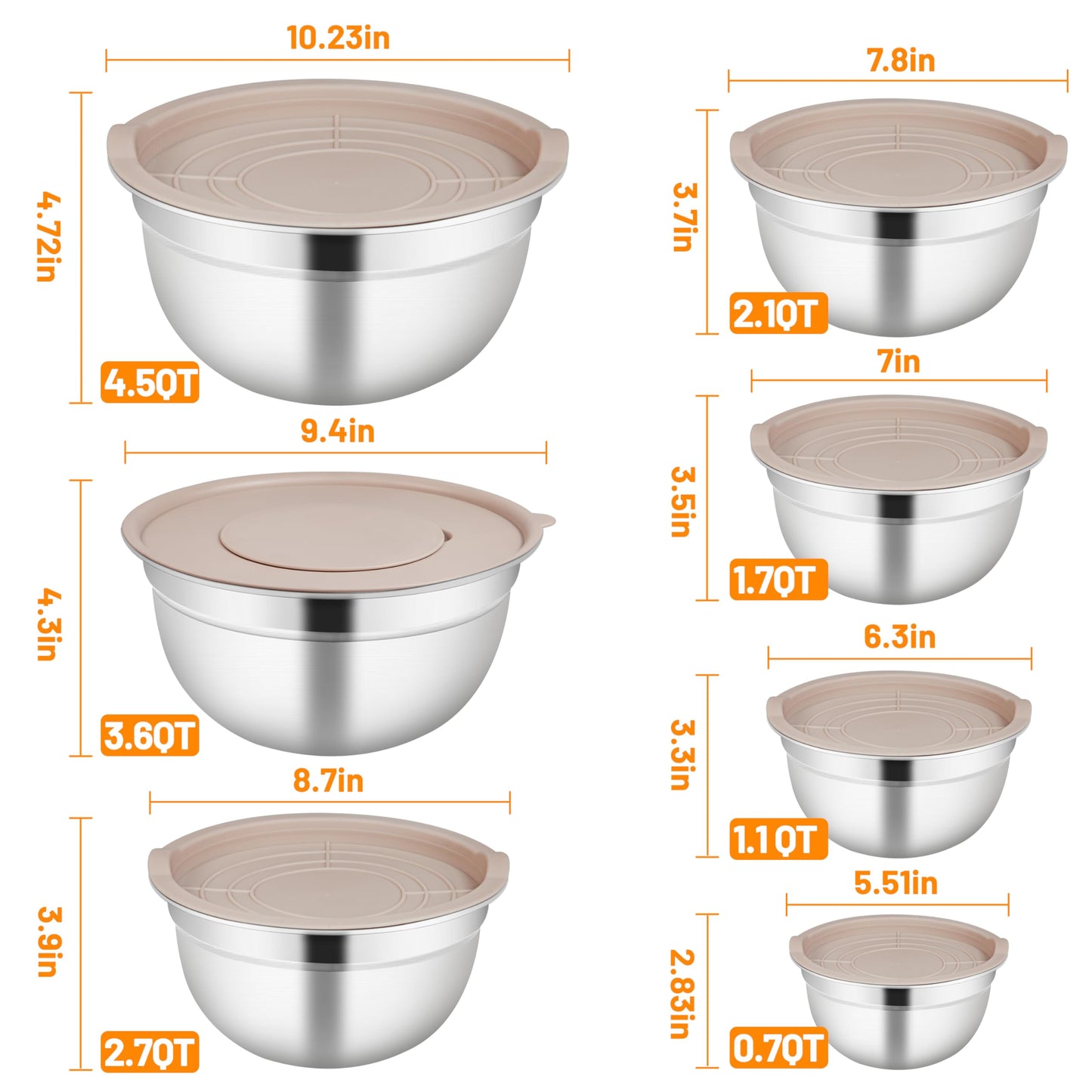 Mixing Bowls with Airtight Lids for Kitchen, 7 Piece Stainless Steel Metal Nesting Storage Bowls, 3 Grater Attachments, Size 4.5, 3.6, 2.7, 2.1,1.7, 1.1,0.7QT for Mixing, Baking & Serving Food