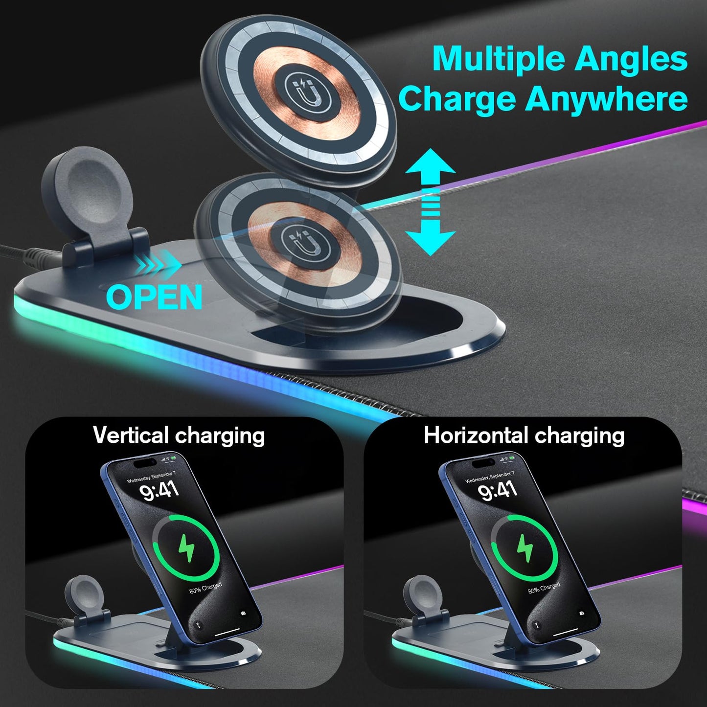 ELUTENG 4-in-1 RGB Gaming Mouse Pad with Wireless Charging & Phone Holder, 31.5"x11.81" Large Waterproof Desk Mat, Ultra-Smooth Non-Slip Keyboard Pad for Home & Office
