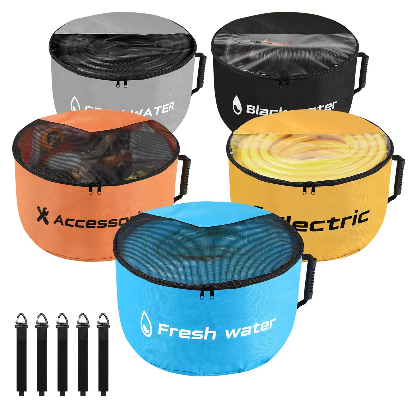5 Pack RV Sewer Hose Storage, Visible Cover and Two-Way Zipper RV Hose Storage Bags, Waterproof RV Accessories Utility Bag Organizer for Garden Fresh Water Hoses Electrical Cords Camper Tools