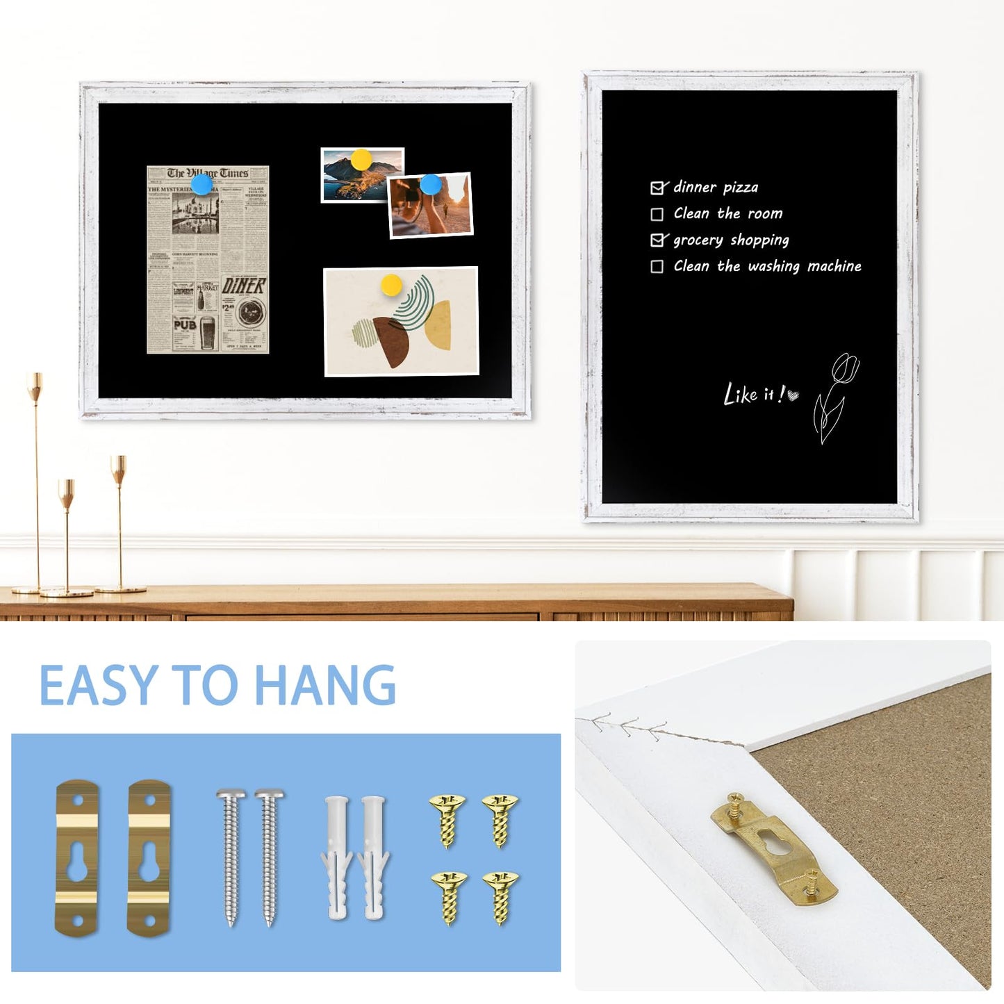 QUEENLINK Chalkboard for Wall, White Framed Chalk Board, 24" x 18" Wall-Mounted Decorative Black Board, Retro Rustic Chalk Writing Board for Restaurant Menu, Kitchen and Dorm Room