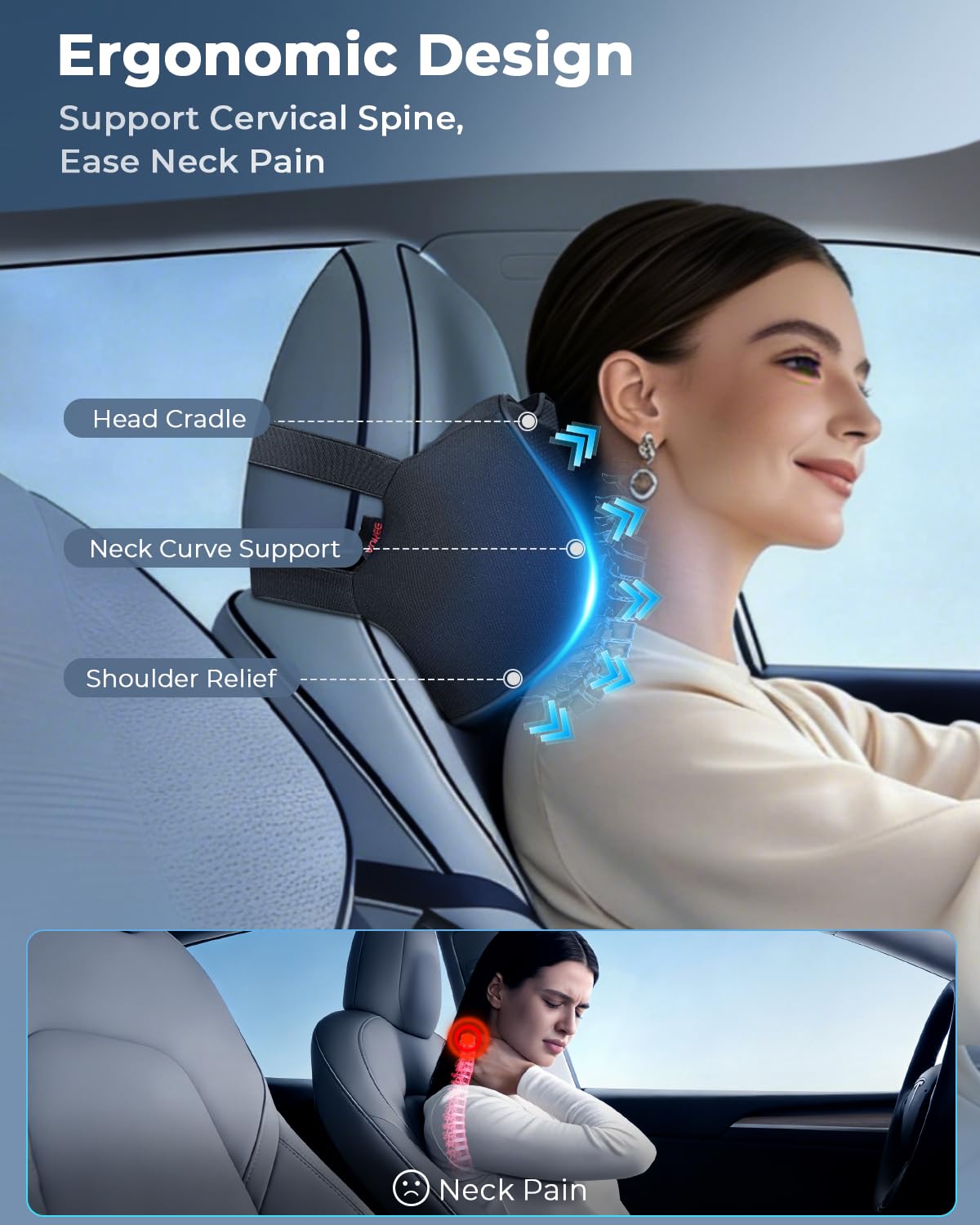 Aukee Car Pillow - Leather Memory Foam Car Headrest Pillow, Supporting Neck Pillow, Camping Travel Neck Rest Pillow for Car Seats - Black (Pack of 2)