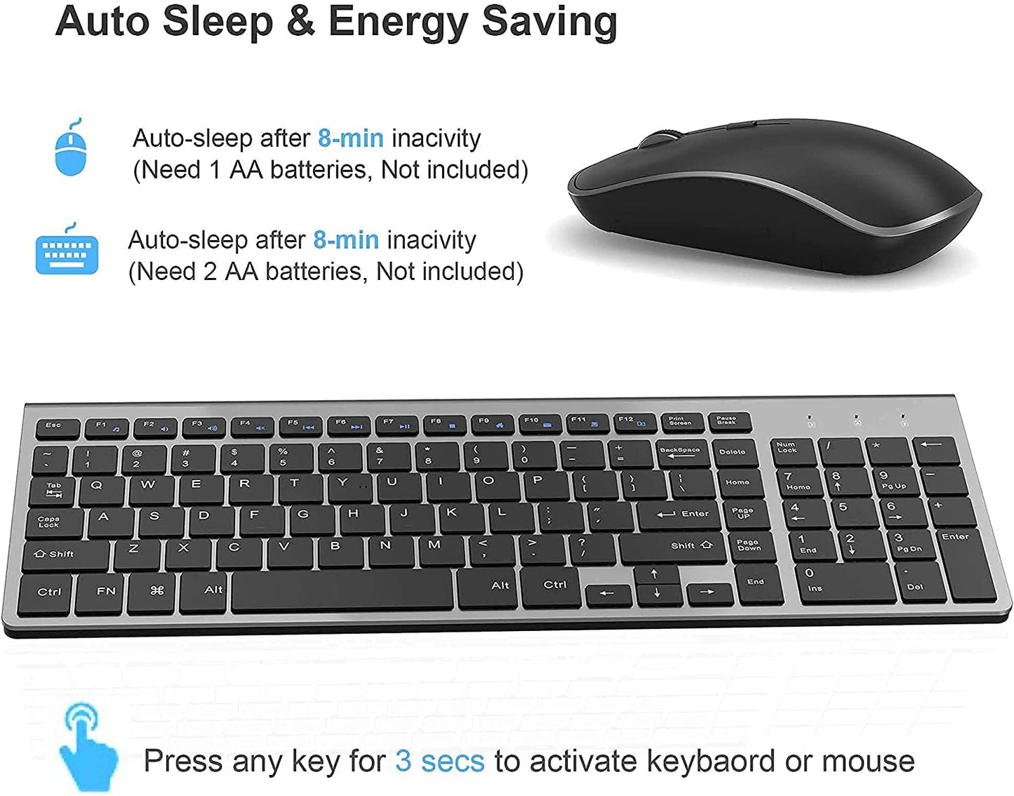 J JOYACCESS Wireless Keyboard and Mouse Combo,2.4G Ergonomic Whisper-Quiet Compact Wireless Computer Keyboard Mouse Designed for Windows, Mac,PC, Laptop,Tablet - Black Grey