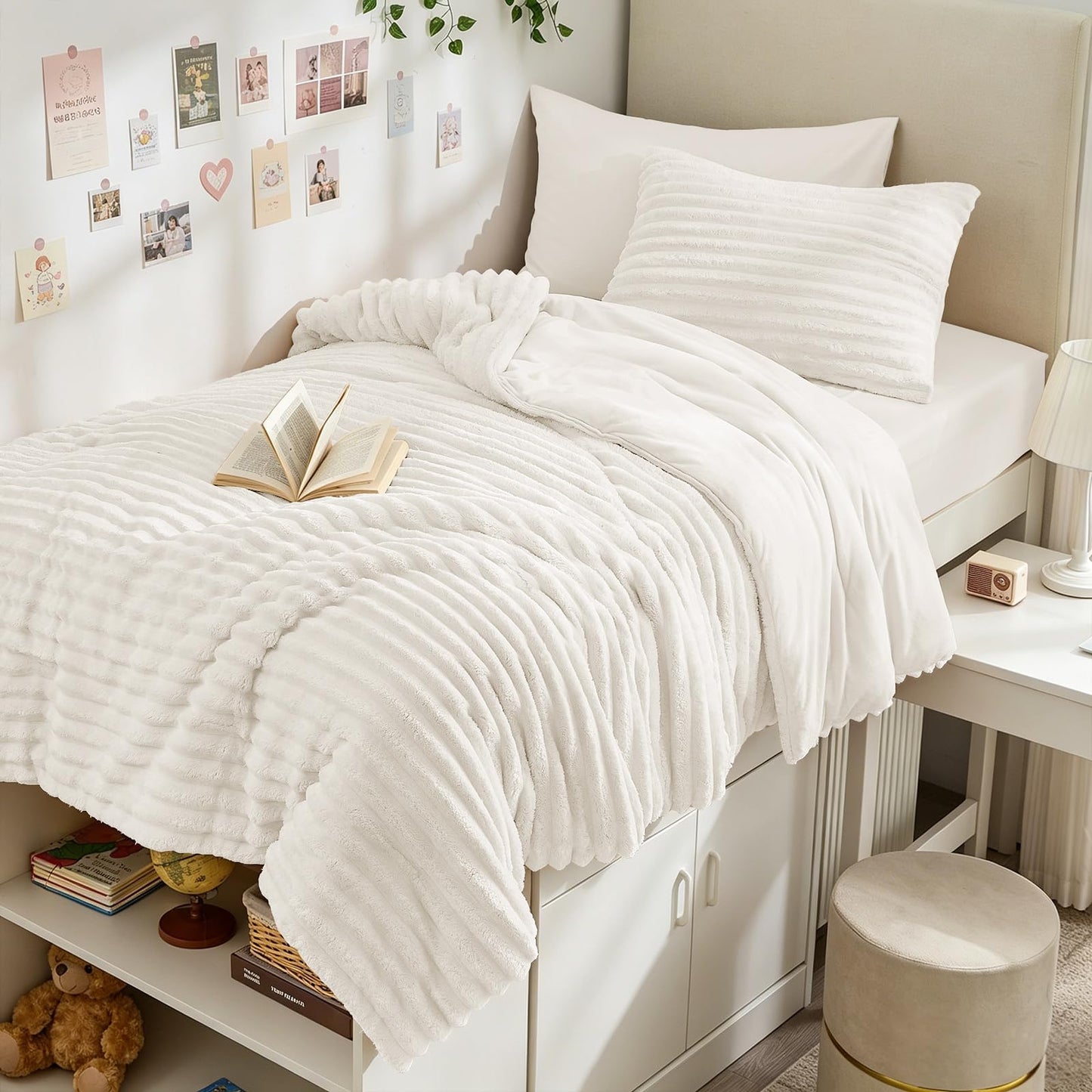 Sasttie Fluffy Comforter Set Twin/Twin-XL 2 Pieces - Super Soft & Fuzzy Cream White Comforter for Winter Warm Fleece Bedding, 1 Luxury Heavy Faux Fur Down Alternative Comforter with 1 Pillow Case